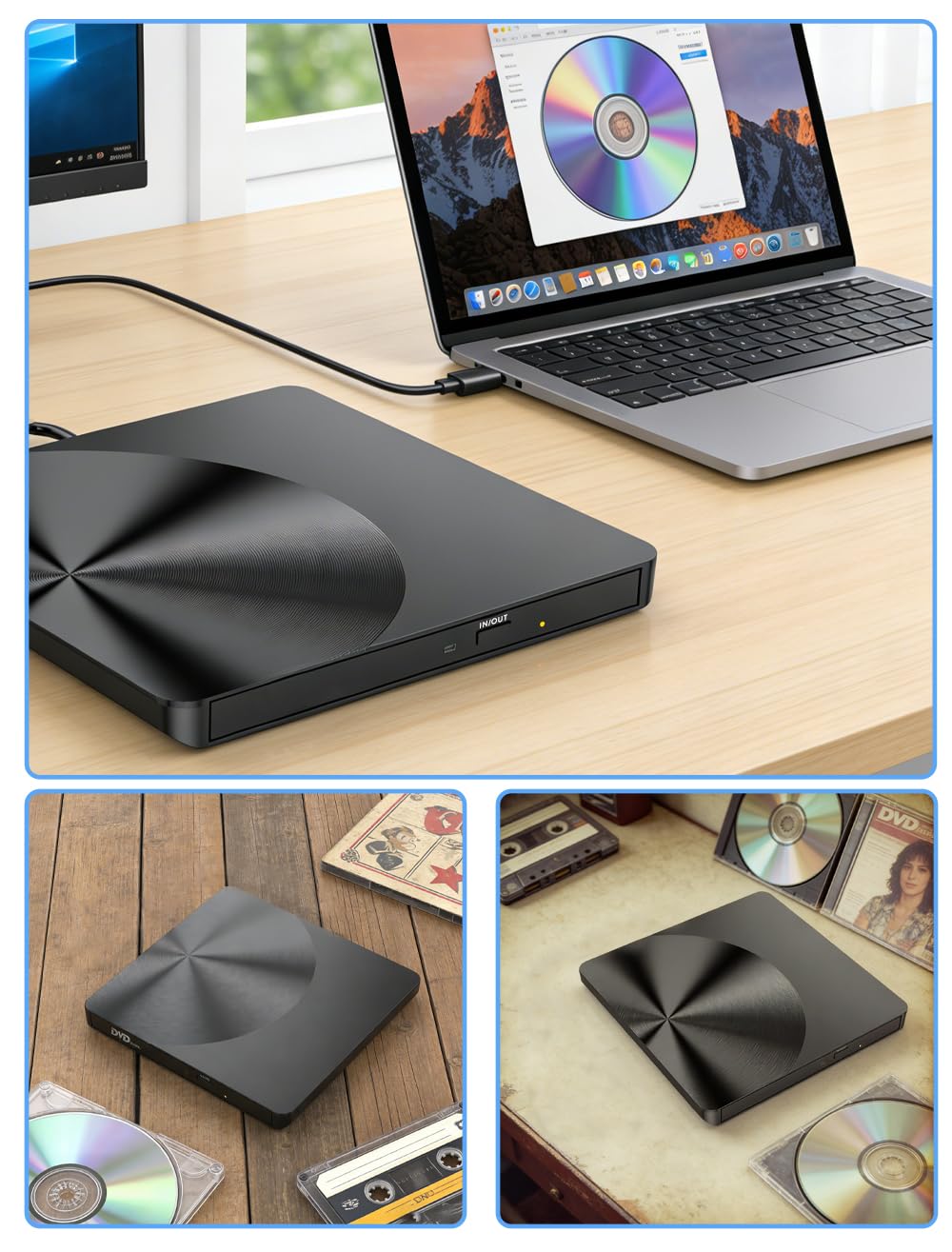 BRIGHTSHOW Unidad Externa portátil de CD/DVD, USB 3.0 y USB C Burner +/-RW Unidad óptica para Laptop, computadora de Escritorio, Windows 11/10/8/7, MacBook Mac Linux