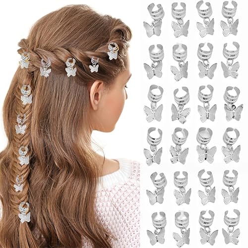 20 piezas de pulseras de mariposa plateadas para el cabello, cuentas de rasta, colgantes de metal ajustables, clips de trenzas, accesorios para el