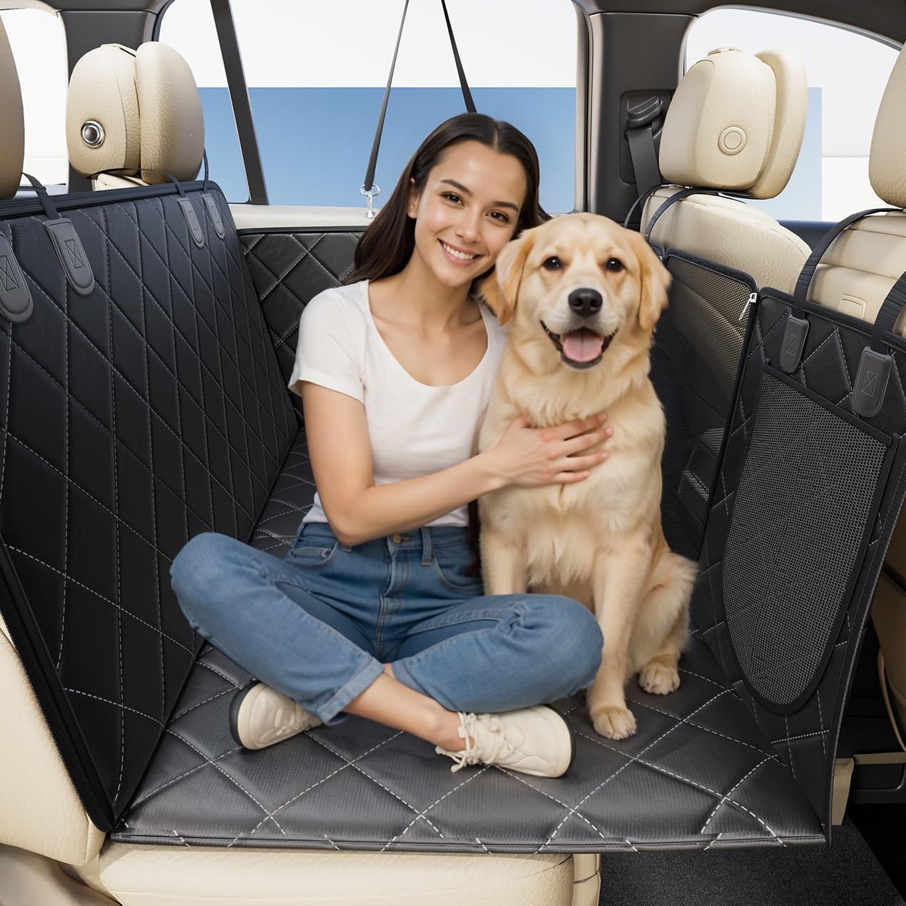 Petcozife Dog Car Seat Cover for Back Seat Supports 400lb, Waterproof Back Seat Extender for Dogs with Hard Bottom with Durable Nonslip Cover Pet Hammock for Travel Car SUV