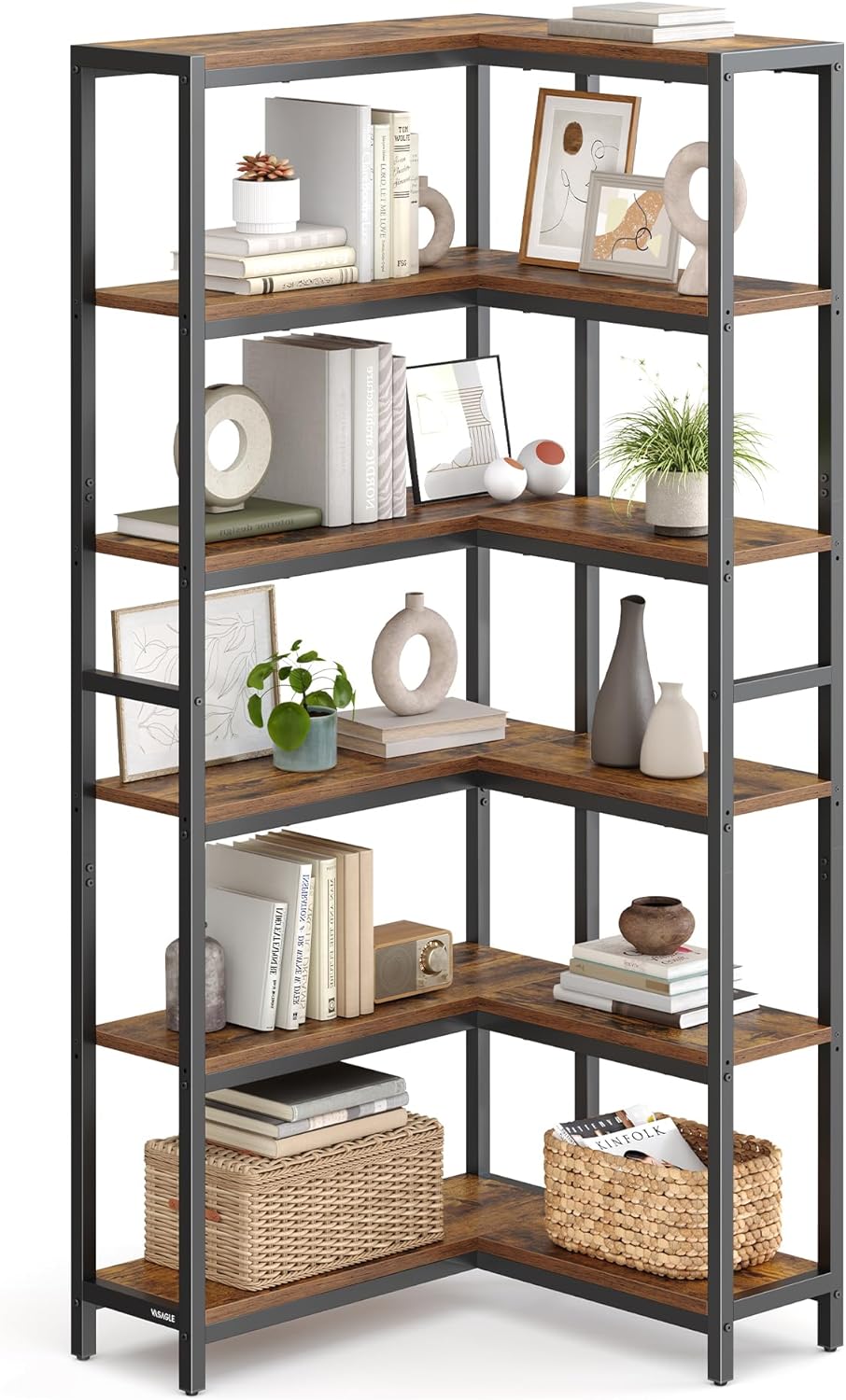 VASAGLE 6 Tier Bookshelf with Metal Frame, Convertible Industrial Corner Shelf, 9.4 x 40.2 x 69 Inches, for Living Room, Bedroom, Home Office, Rustic Brown and Ink Black ULLS606K01