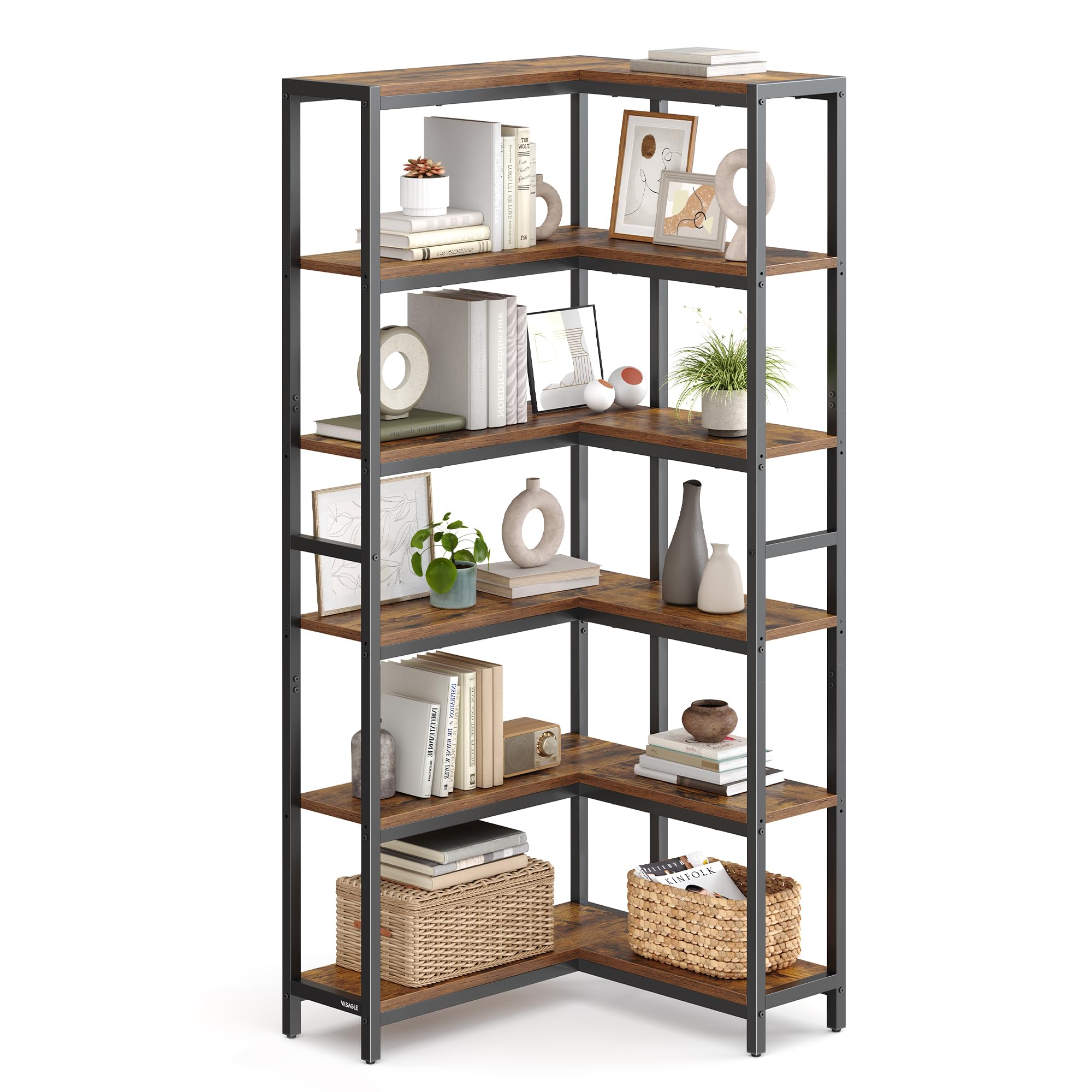 VASAGLE Bibliothèque à 6 Niveaux, Bibliothèque d’Angle, Étagère de Rangement, 24 x 102 x 175,2 cm, Style Moderne, pour Salon, Chambre, Bureau, Marron Rustique et Noir d'encre LLS606K01