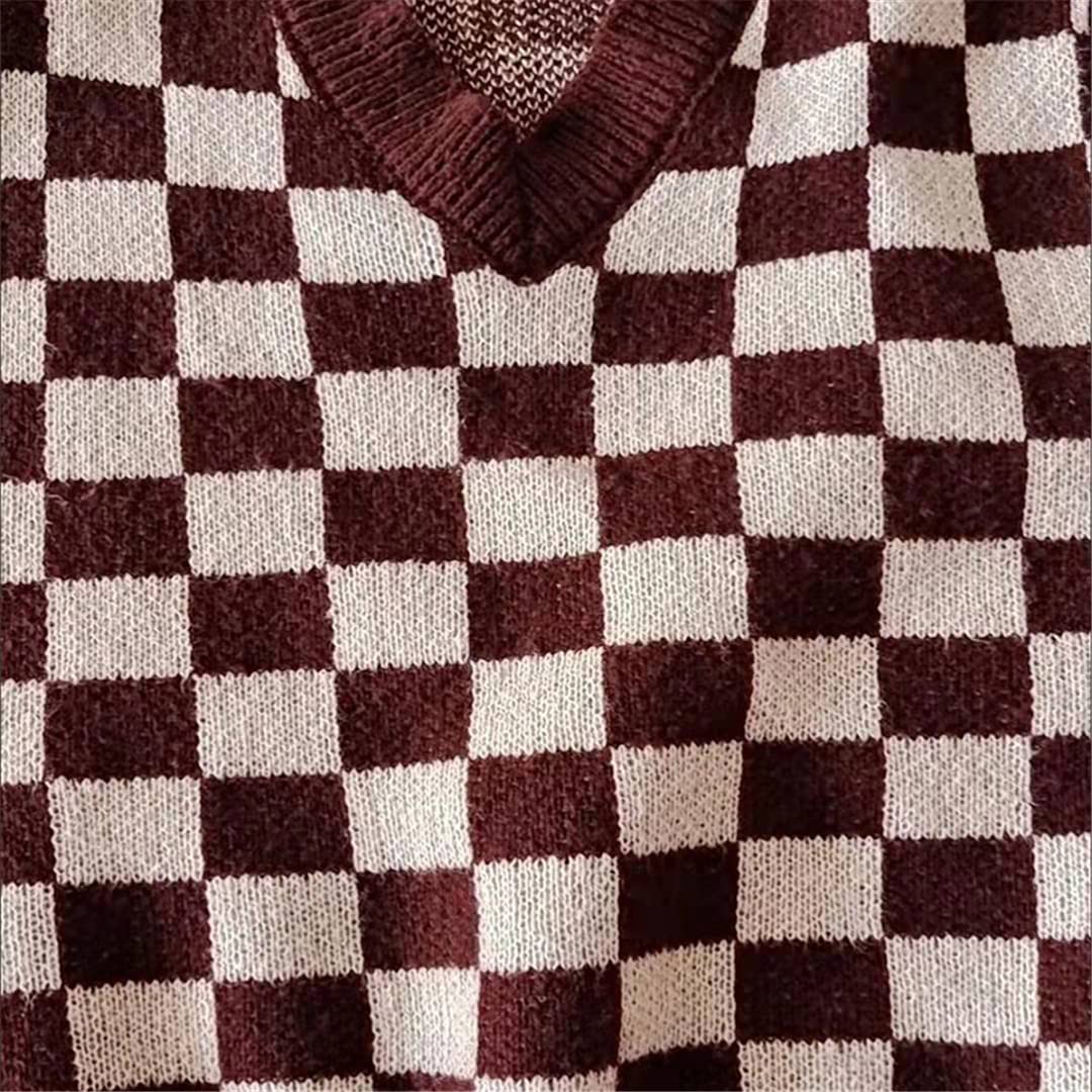 Suéteres Básicos Sin Mangas con Cuello En V Y Estampado A Cuadros De Talla Grande para Mujer