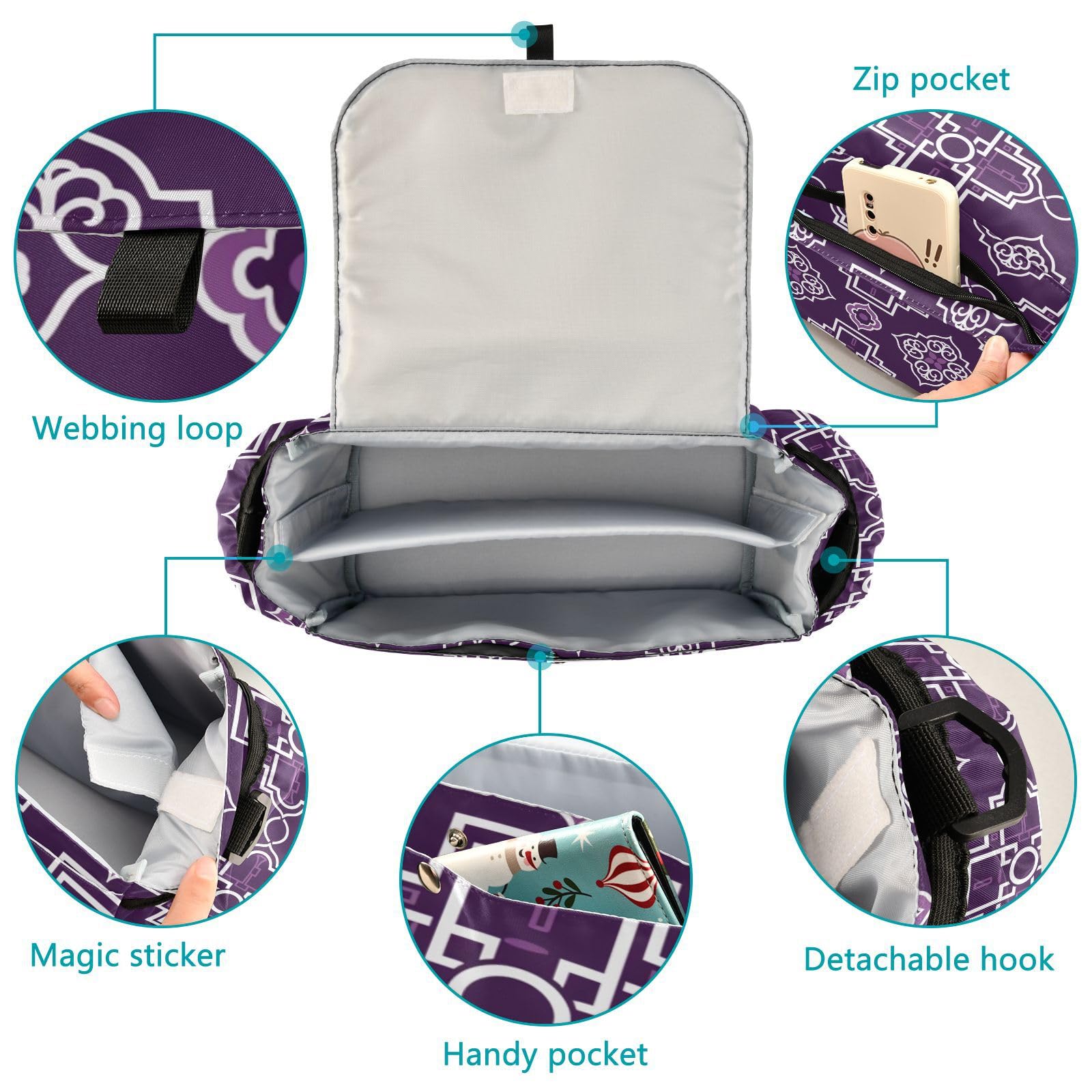 Ancient Lavender Checkered stroller organizer with strap caddy with cup holder mobile phone carrito para carrito para