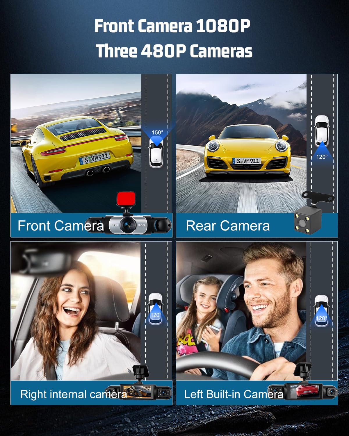 NHOPEEW Dash Cam 4 Canali 1080P per Auto con Telecamere Anteriore e Posteriore