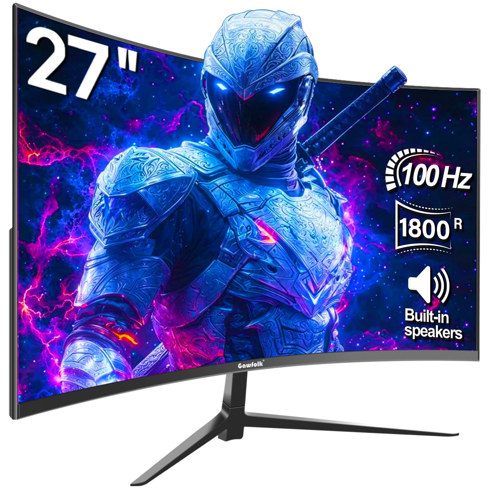 Gawfolk 27 Pollici 100Hz Curvo Gaming Monitor, Full HD 1080P da PC Schermo,Speaker Integrati Monitor 1800R Senza Cornice per Computer con FreeSync e Tecnologia Eye Care, Supporta VESA, HDMI, VGA