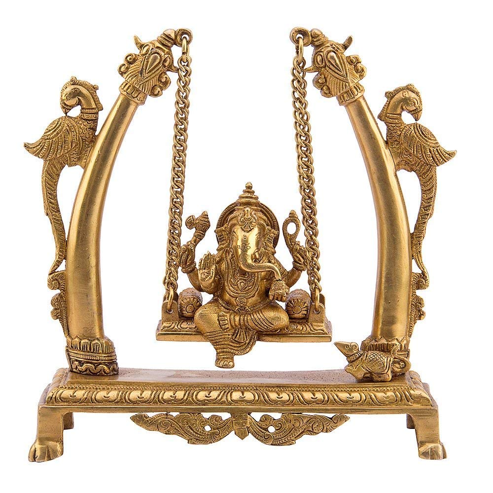 Ganesh en laiton sur Jhoola Ganesh Swing Décoration d'intérieur Pièce d'exposition Cadeau Statue 24 cm Doré 1 pièce Standard
