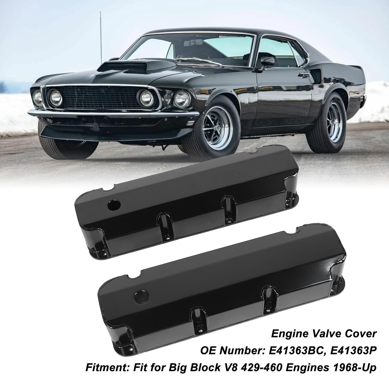 Tapa de Válvula de Motor, Tapa de Válvula de Motor de Automóvil E41363BC Tapa de Válvula de Aleación de Aluminio con Orificio para Motores V8 429‑460 de 1968 y Posteriores (BLACK)