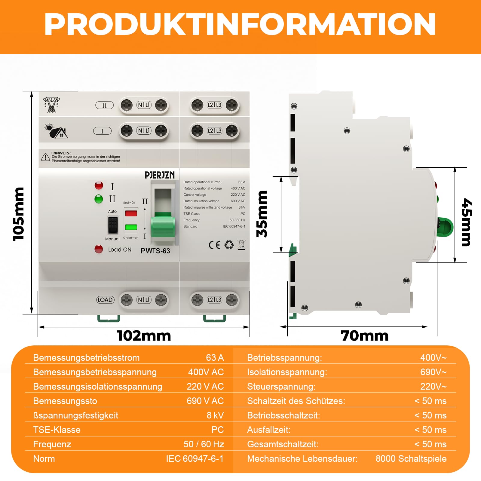 ATS Automatischer Umschalter 4P 63A 400V AC, 4-poliger Notstrom Umschalter für Netzvorrangschaltung