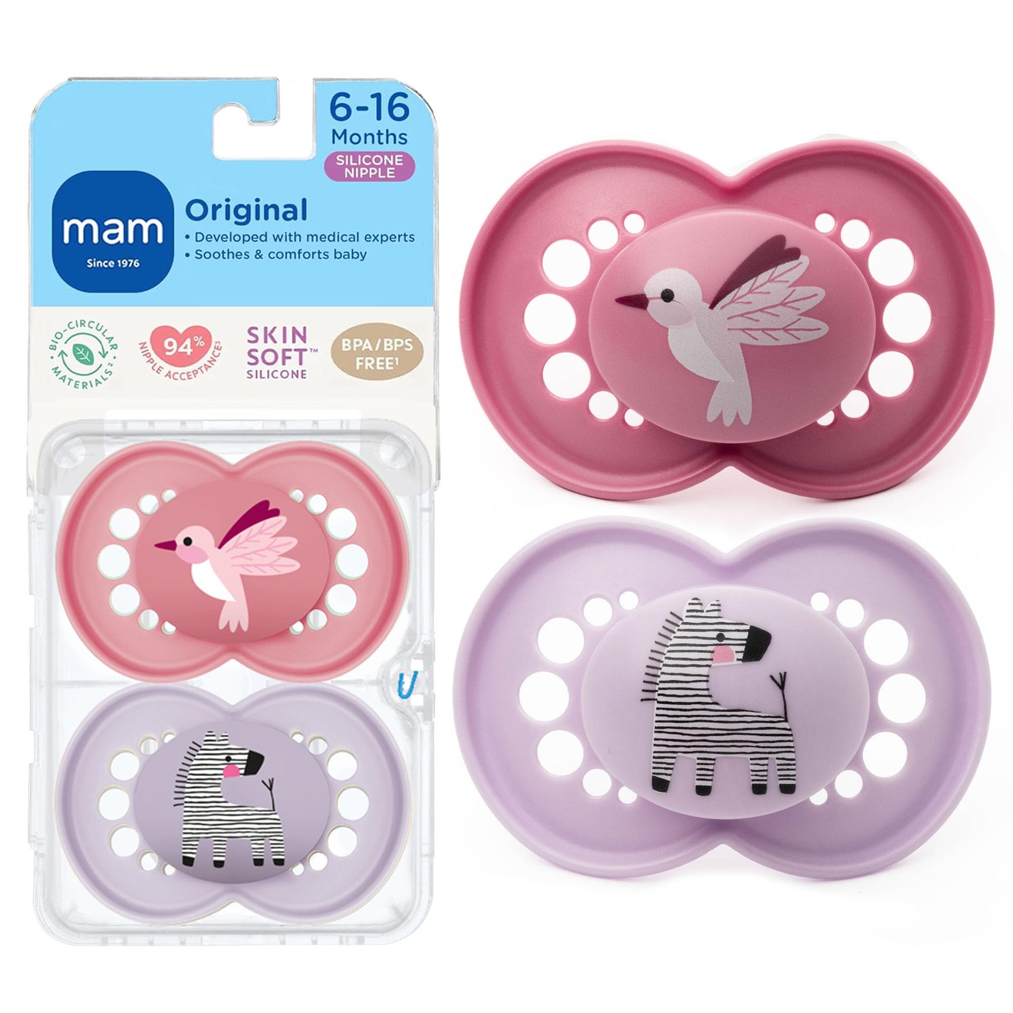 MAM Original Matte Baby Pacifier, Nipple Shape Helps Promote Healthy Oral Development, Sterilizer Case, 6-16 Months (Pack of 2)