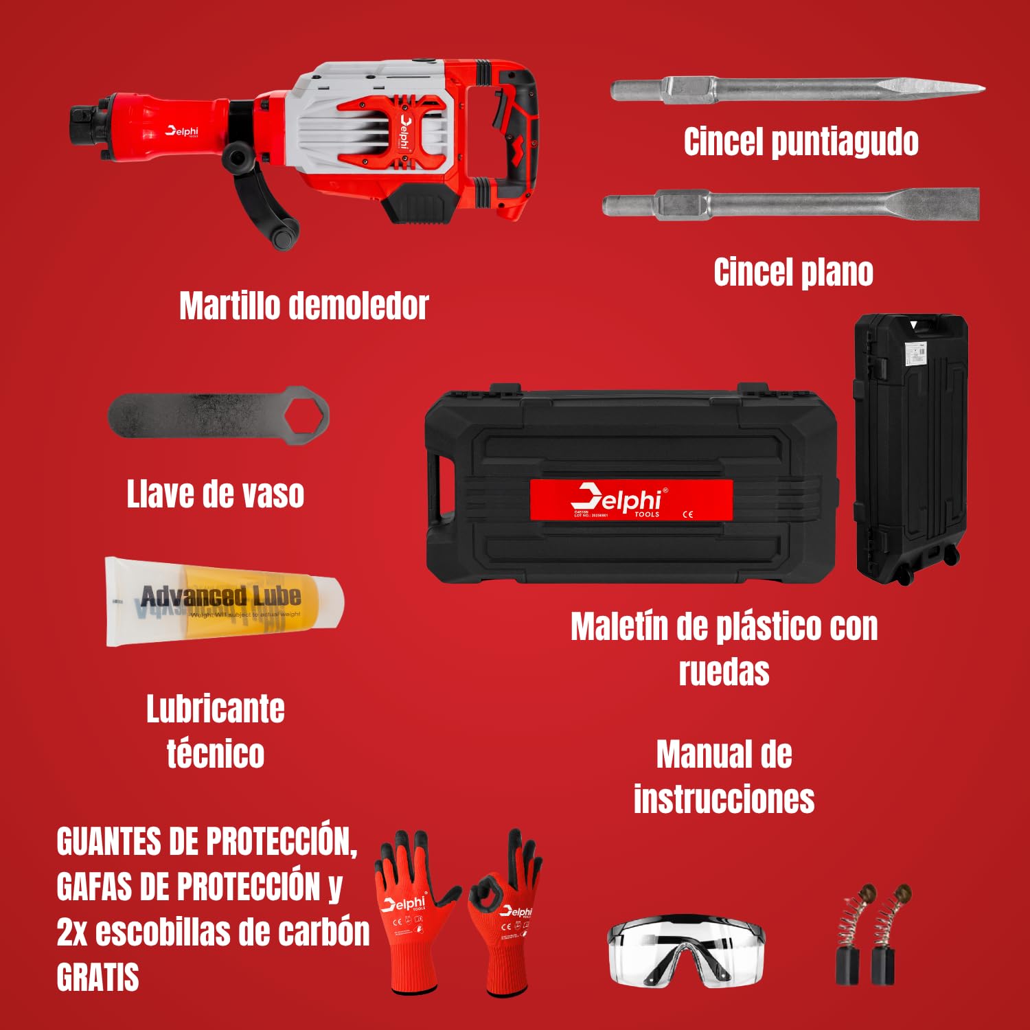 Delphi Martillo Demoledor 70 J, 1950 RPM, 1600 W (Sistema Antivibración, HEX30, Maletín con Ruedas + Kit de Accesorios) - con 2 Cinceles y Empuñadura Ajustable Ideal para Romper Hormigón