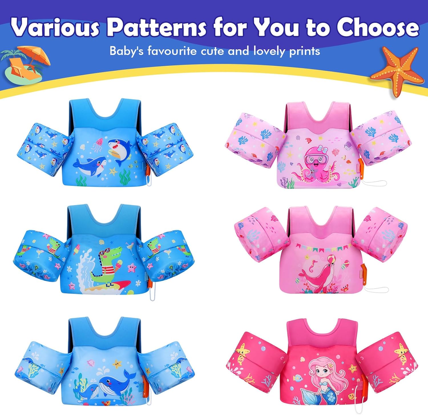 MoKo Toddler Swim Vest for Kids 13-30/20-50/22-66lbs, Swim Arm Floaties Cartoon Swimming Water Wings Pool Float Vests Sleeves Shoulder Straps Arm Band for Children Learn to Swim