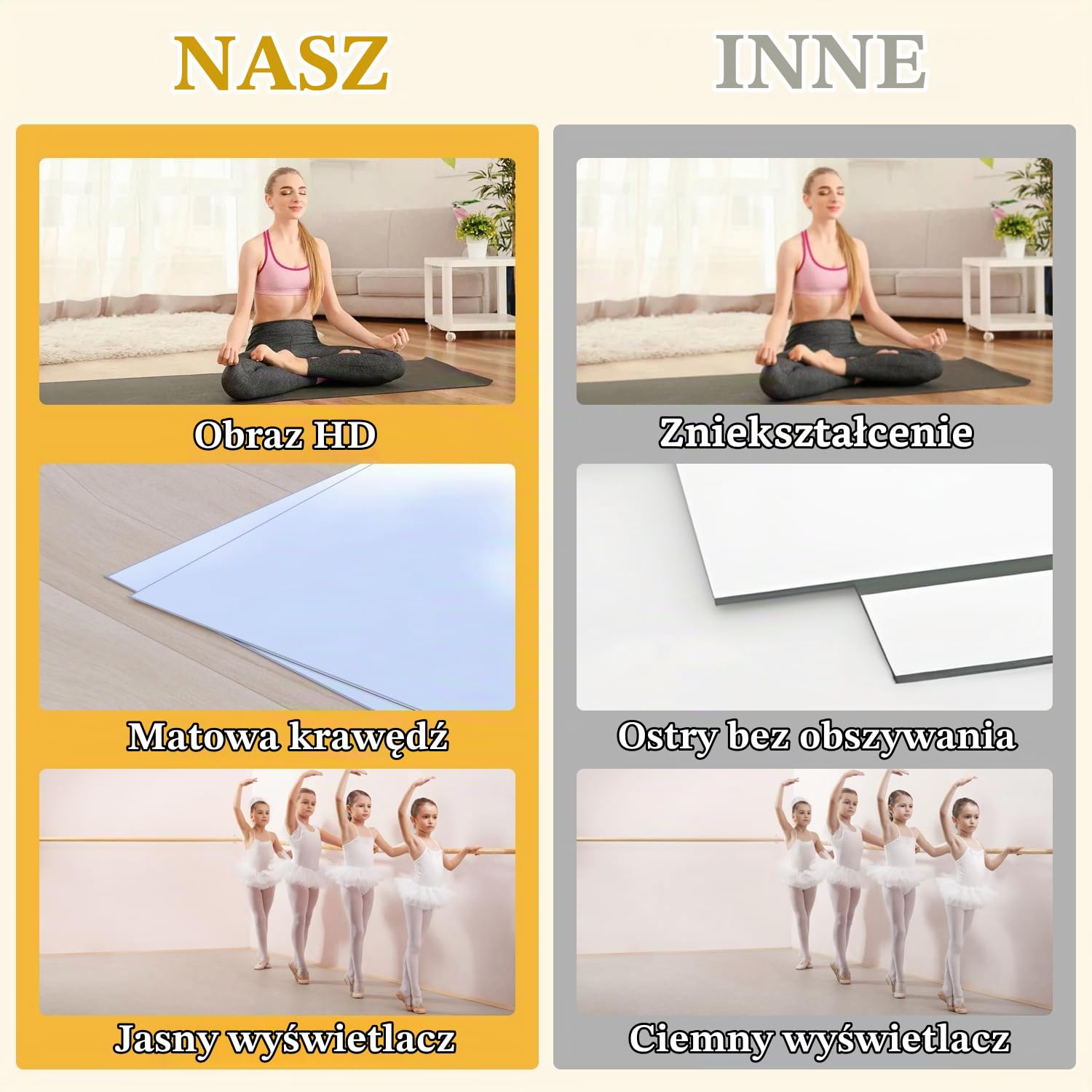 Lusterko domowe na siłownię, 145 x 60 cm, 2 szt., lusterko do jogi, pełna długość, do fitnessu, studia tańca, garażu, ze szkła hartowanego, bez ramy, duży trening ścienny