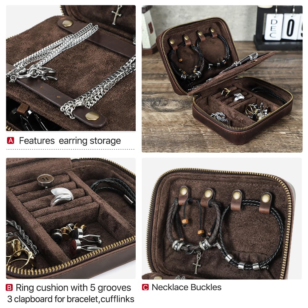Hiram Joyero Retro de Cuero Organizador para Pendientes, Anillos, Collares, Pulseras, Joyero Rectangular de Viaje con Espejo de Maquillaje para Hombres, Estuche de Almacenamiento de Joyas (Café)