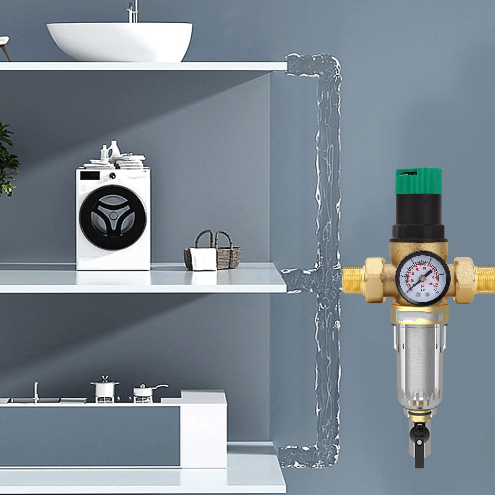 Riduttore Di Pressione Acqua, 1/2 Pollici DN15 Regolatore Di Pressione Acqua Con Manometro, Valvola Di Riduzione Della Pressione Dell'Acqua Ottone Riduttore Pressione Acqua