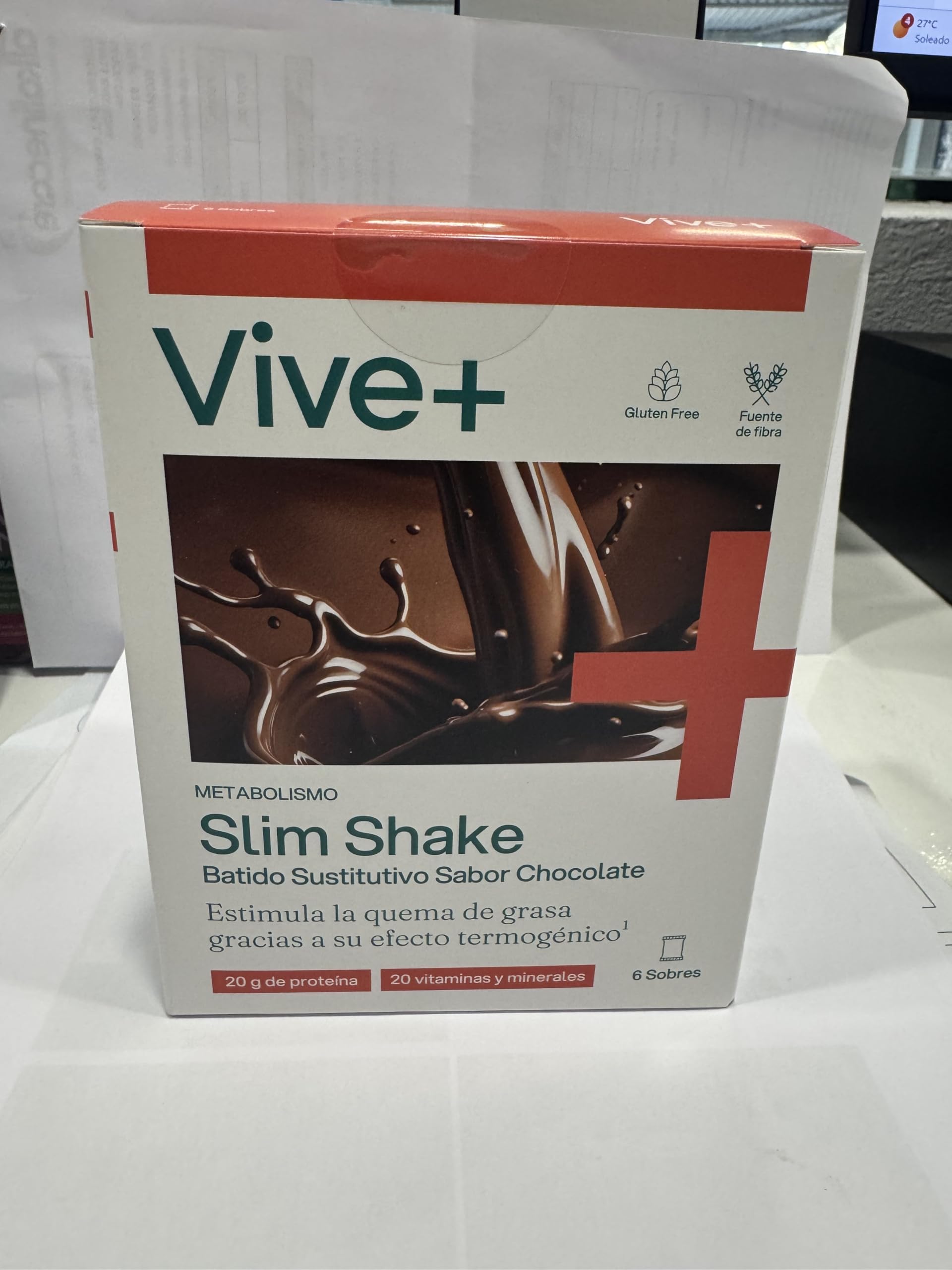 Vive+ Slim Shake Chocolate – Sobres de Sustitutivo de Comida con 20 g Proteína, 20 Vitaminas y Minerales, Fibra, Guaraná y Té Verde – Control de Peso, Saciedad y Termogénesis (Pack de 2-12 Sobres)