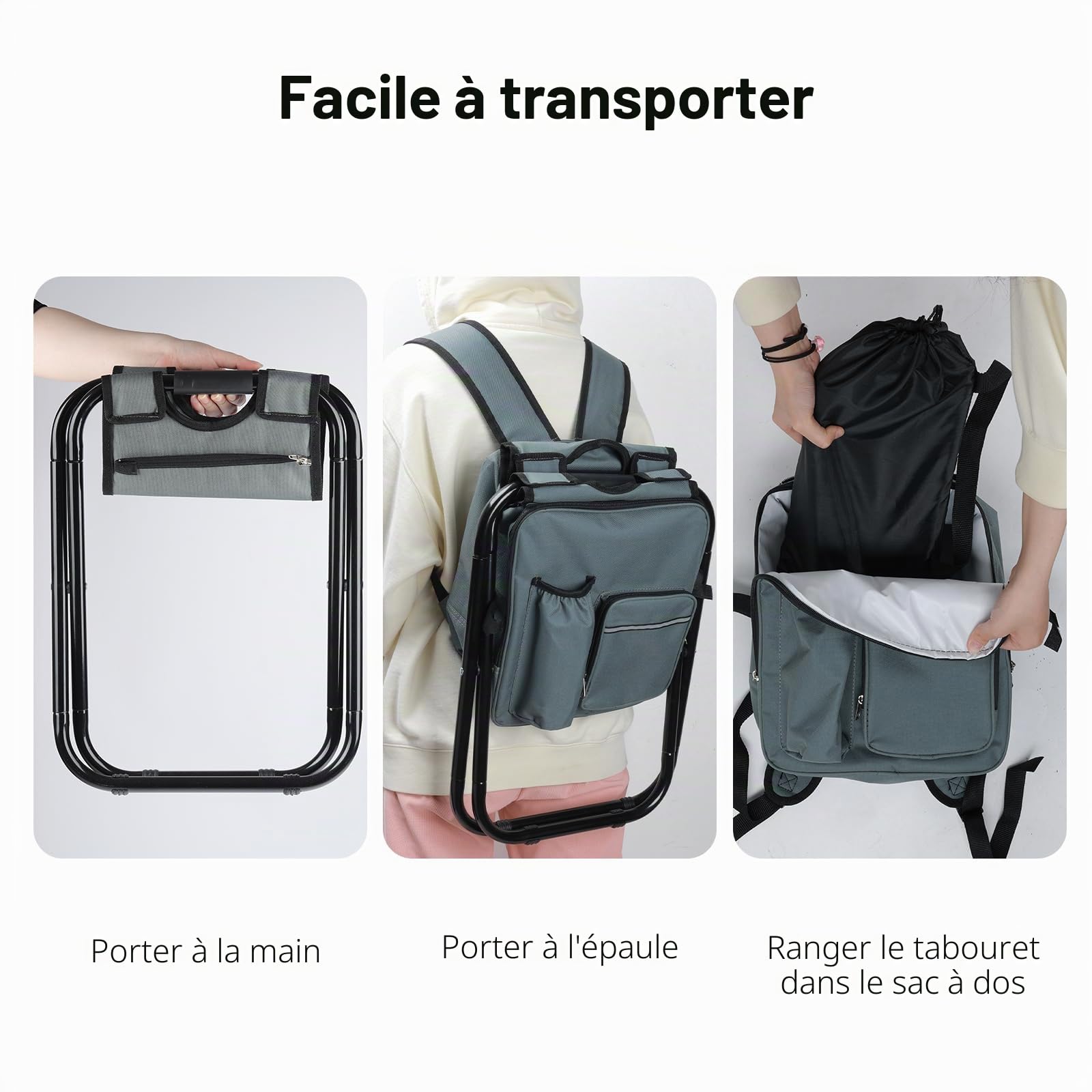 40CM Tabouret Pliable Camping avec Poche de Glacière Amovible, Siege de Peche avec Sac à Dos, Compact et Fonctionnel, Chaise Pliante pour Chasse Pique-Nique, Gris