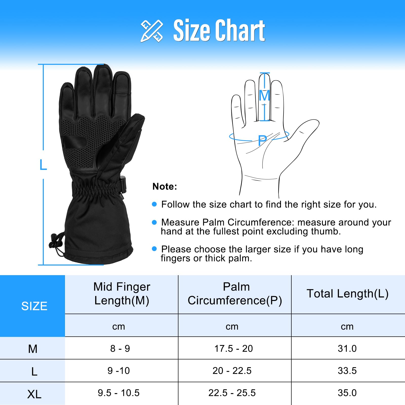 MRAWARM Gants Chauffants Électriques Rechargeables 5V 6000mAh pour Homme Femme, 3 Niveaux de Chauffage, Imperméables, Écran Tactile pour Sports d'Hiver (Noir, Unisexes-Adultes)