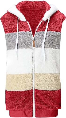 Miniatura 5 de Chaqueta Sherpa de forro polar mullido para mujer, moderna con bloques de color, con cremallera, chaleco mullido para invierno y exteriores,