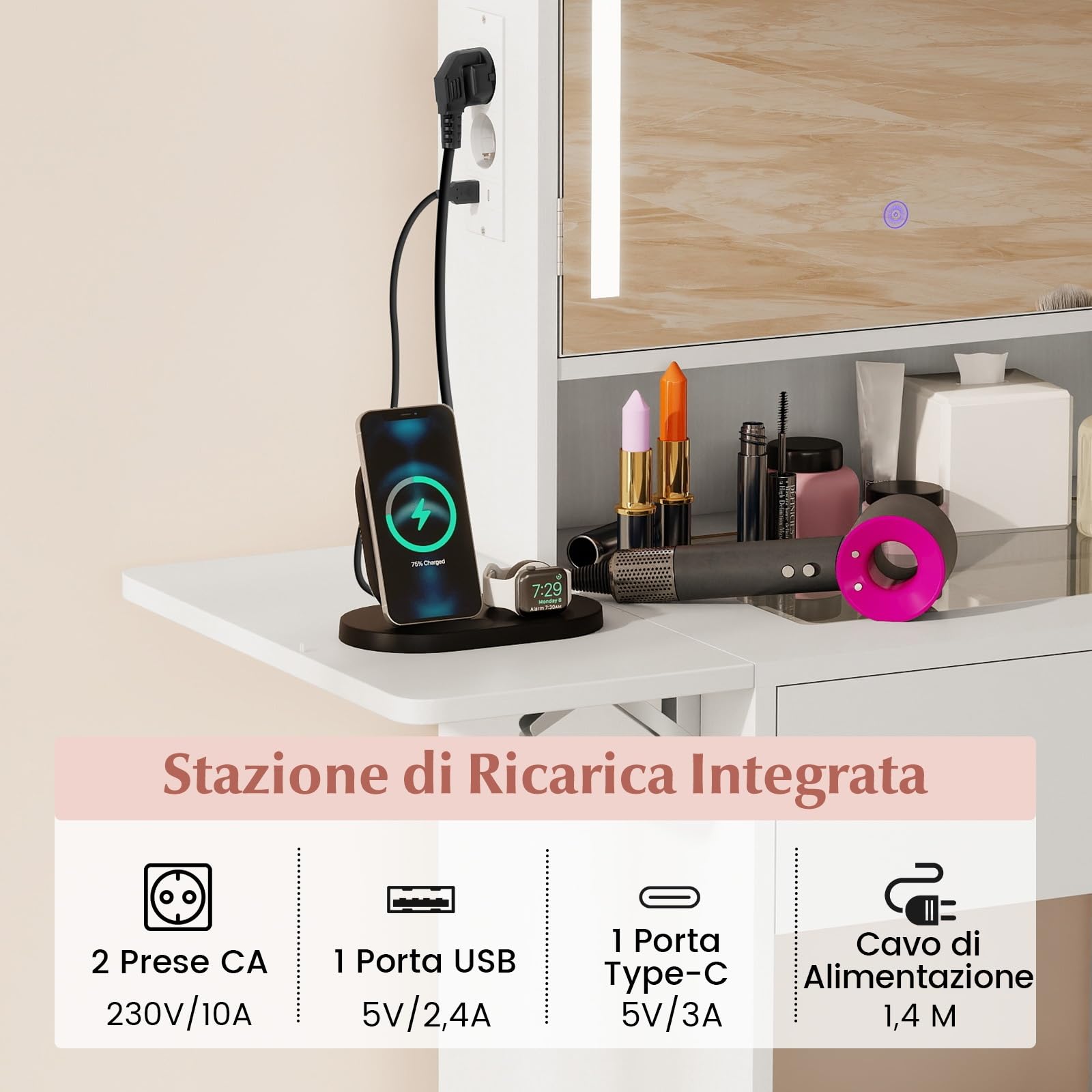COSTWAY Toeletta Trucco con Luci LED, Tavolo da Trucco con Specchio e Stazione di Ricarica, Postazione Trucco con Cassetto, 2 Piani d'Appoggio a Ribalta, Bianco (Modello 3)