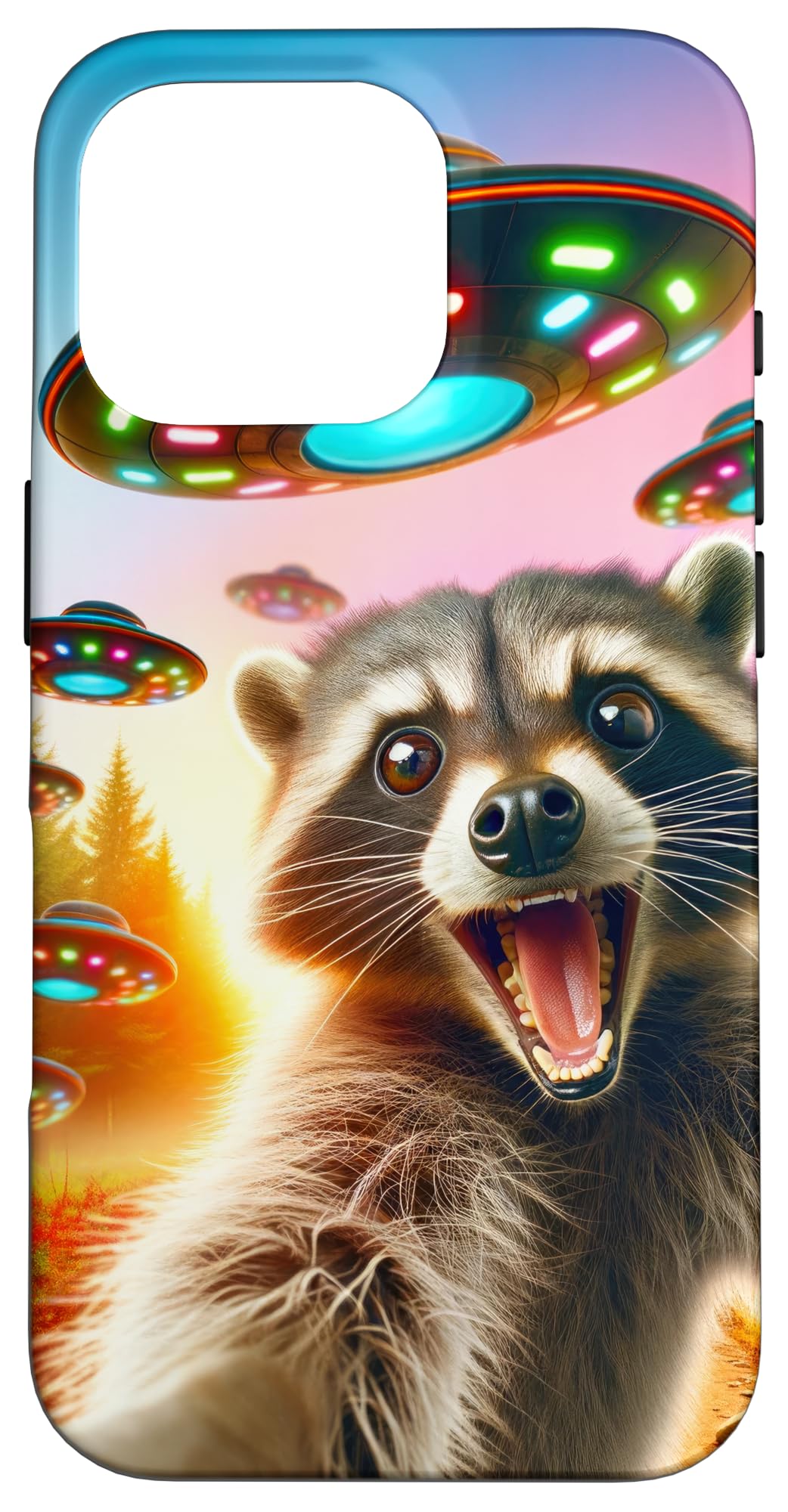 iPhone 16 Pro Raccoon Alien Encounters Visitor, Kids Raccoon UFO Selfie Case