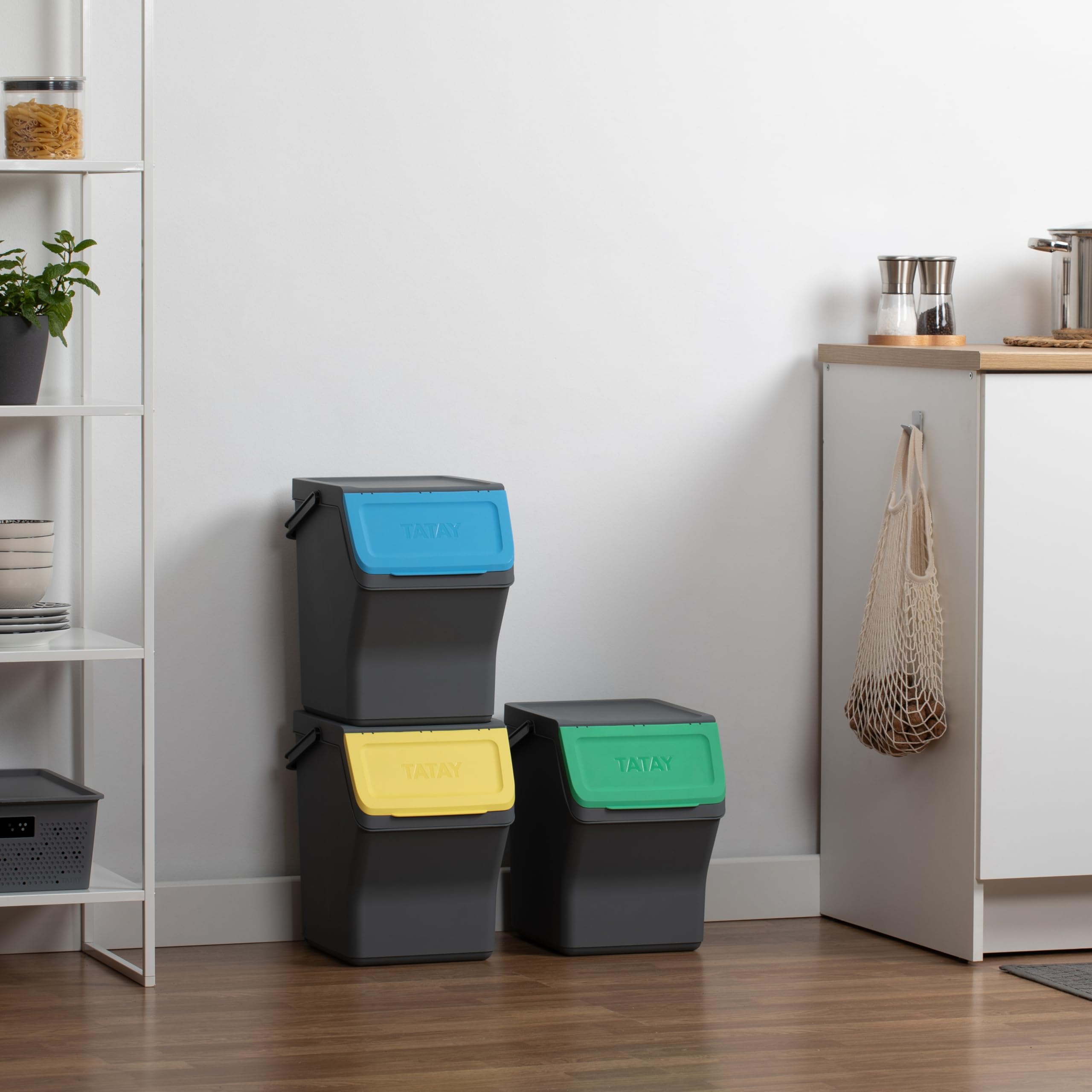TATAY Mülltrennsystem Easy Waste 3-teiliges Set 3er Set Recycling Behälter | Mülltrennsystem Haushalt | Volumen 20 L | 35x27x36 cm | Modulares Design | Deckel mit Klicksystem | Recyceltem Material, Grau