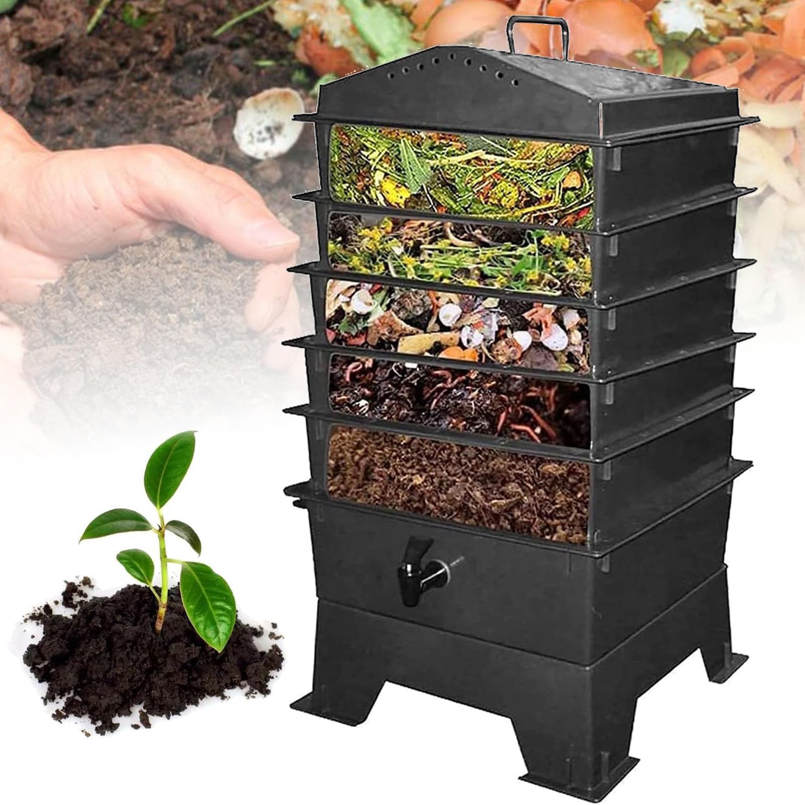 Compost Bin - Garden Composting Waste Box, Worm Composter for Food Waste Recycling, Self-Assembly Plastic Storage for Outdoor Use, Perfect for Kitchen and Garden