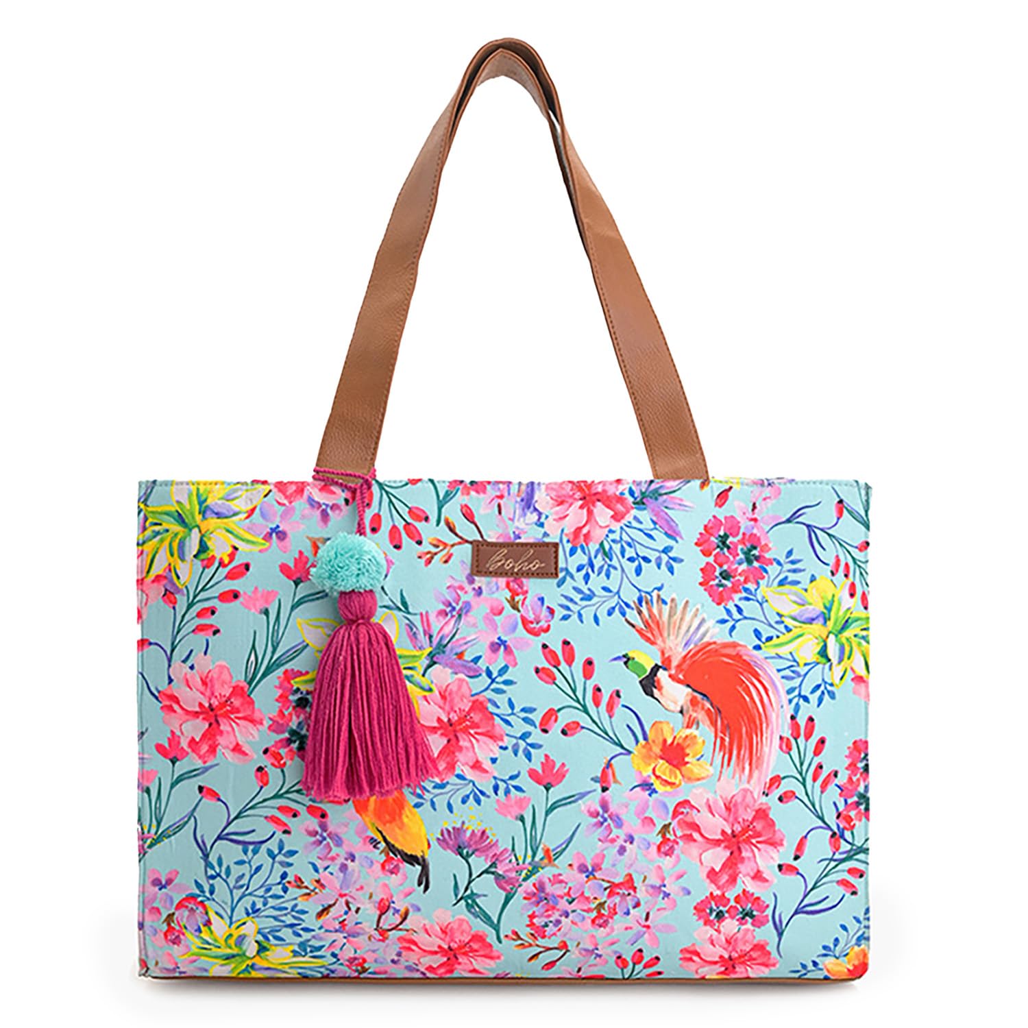 boho girl Tropical Beach Tote Bag – Large Travel Shoulder Bag with Floral Print, Vegan Leather Straps & Tassel – Summer Bag for Women | Vacation, Daily Use-picture-32