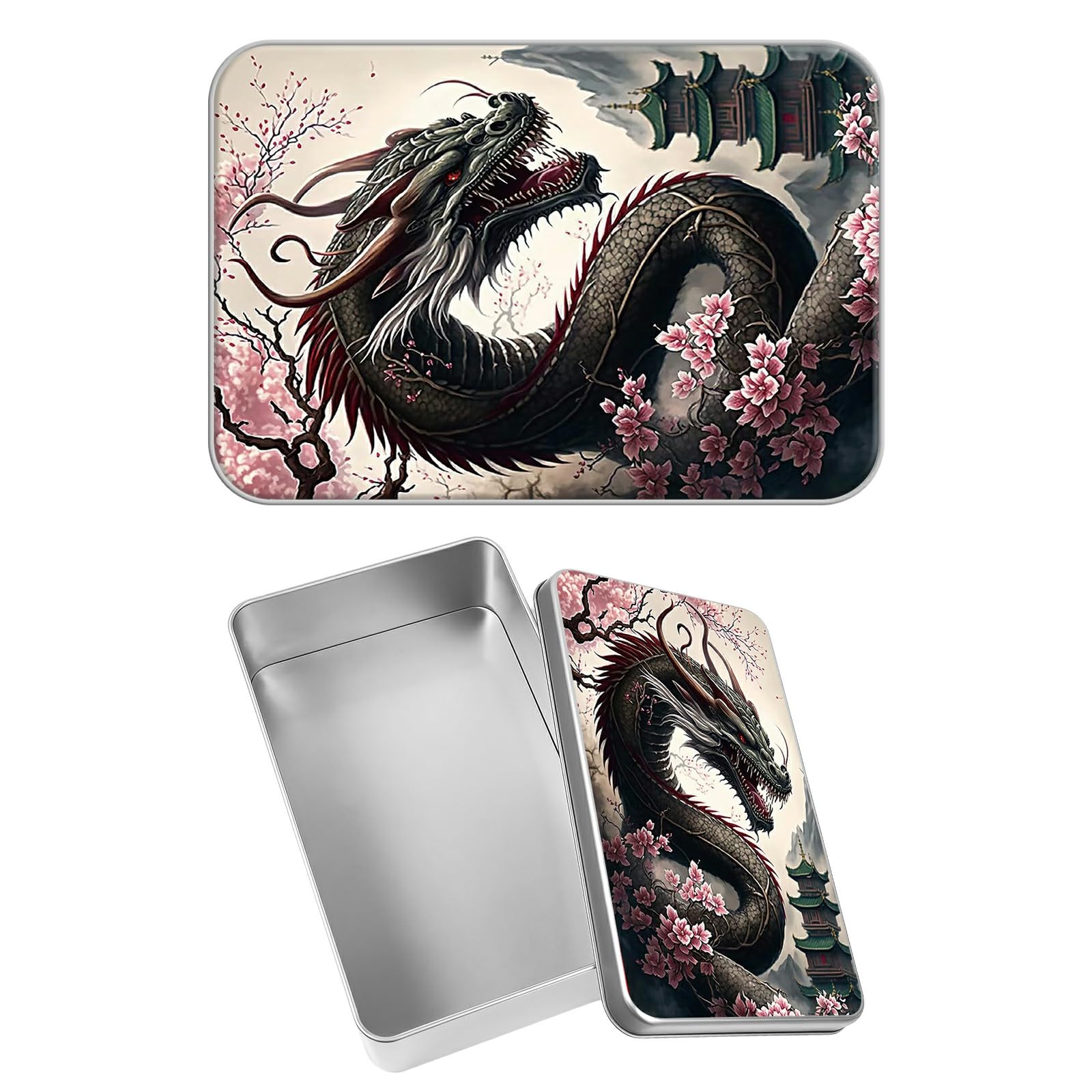 Rectangular Metal Tin Box with Removable Lid, Dragon Cherry Blossom Decorative Printed Metal Storage Container for Jewelry Pen Eraser Pill Candy Craft 4.9 x 3.54 x 1.57 inch– Single Pack