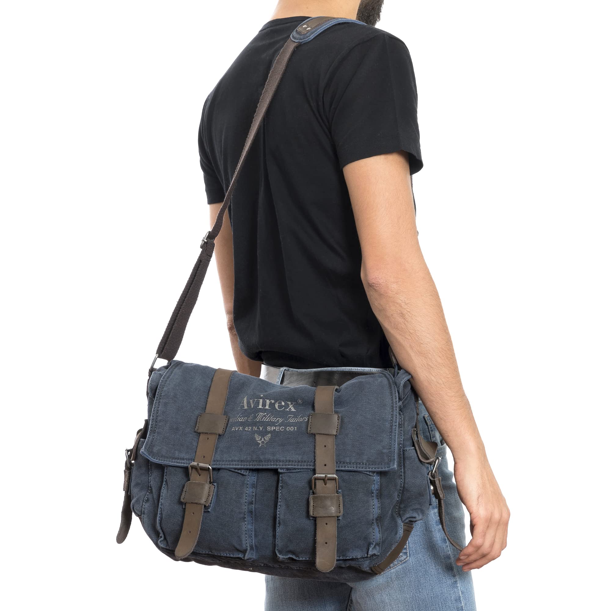 Avirex Borsa a Tracolla Uomo Da Viaggio o Lavoro in Stile Militare Con Finiture in Vera Pelle Bovina e Canvas per PC Laptop o portadocumenti o Zaino a Tracolla