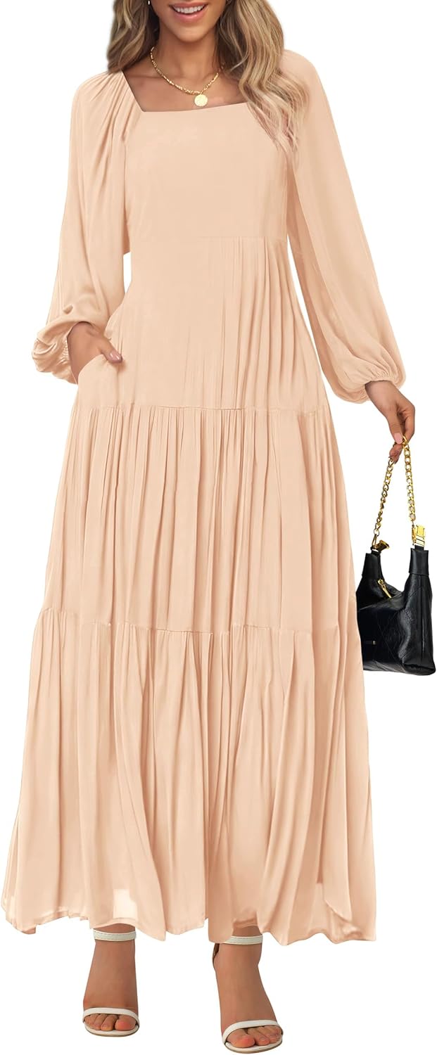 women formal dress spring square neck puff long sleeve