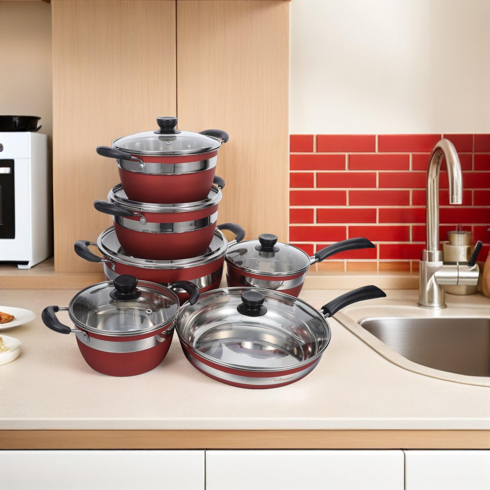 Set di Pentole in Acciaio Inox 12 Pezzi Rosso per Cucina | Compatibile con Piani Cottura, Rivestimento Antiaderente, Manici Ergonomici Anti-scottatura