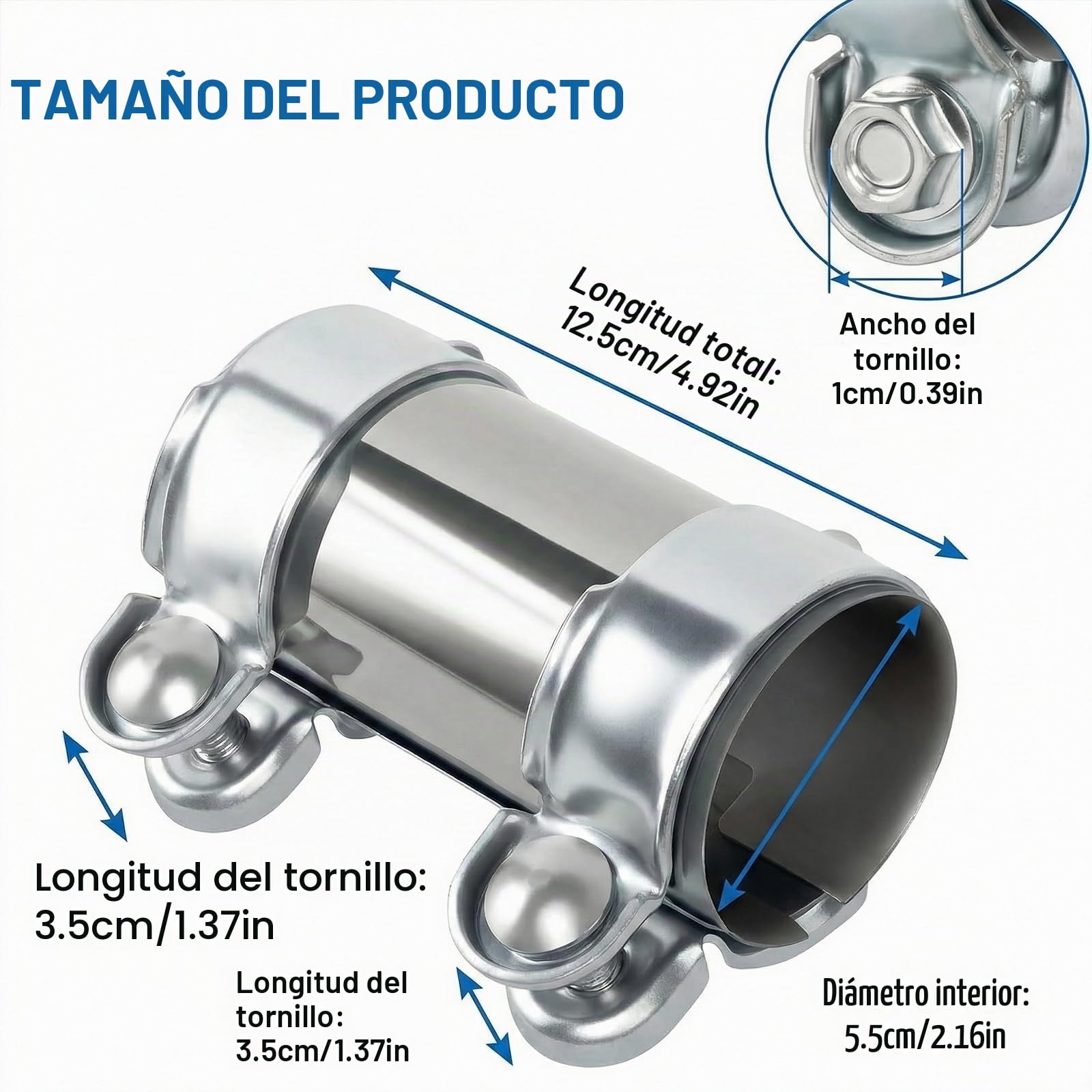 Abrazadera de tubo de escape de acero inoxidable Conector de tubo de 55-125 mm Abrazadera doble de acero tubo prueba de óxido, adecuada para tubos de escape con un diámetro de 55 mm