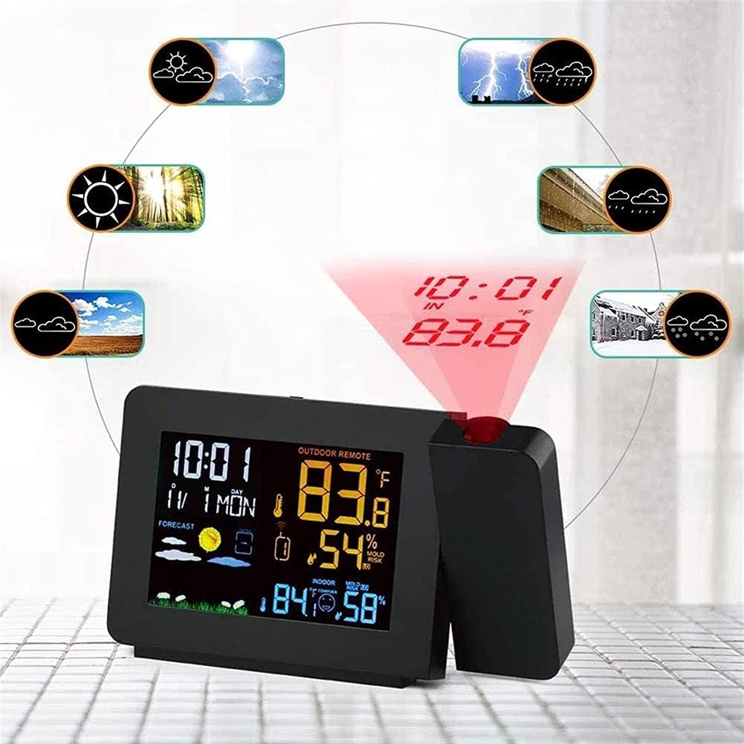 Projection Alarm Clock, Digital Clock Projector on Ceiling with Indoor/Outdoor Temperature Display, Dual Alarms, Colored Backlight, Weather Forecast