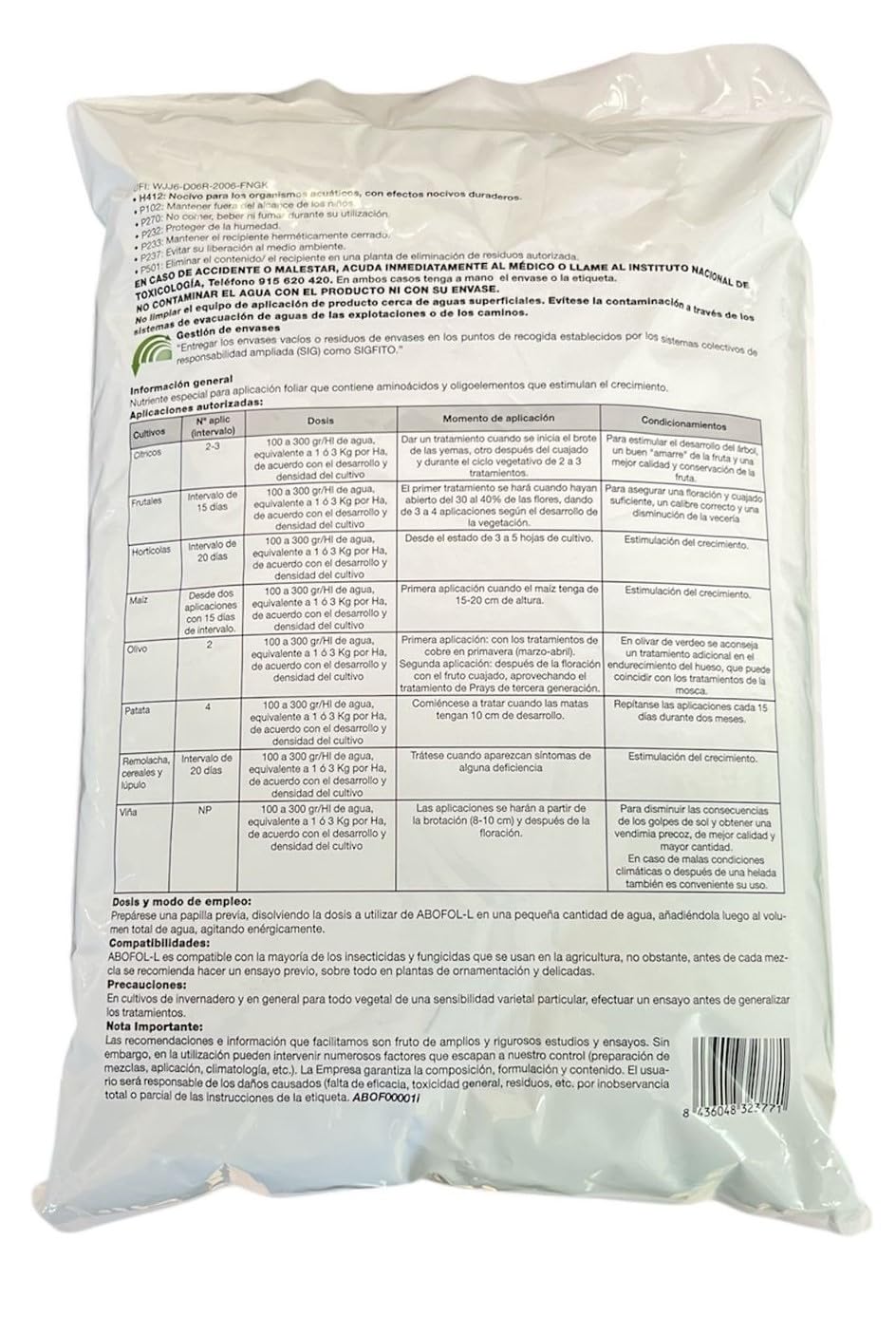 Abono foliar con aminoacidos NPK 24-16-12 5kg con boro, cobre, manganeso y zinc, foliar y fertirigacion. ABOFOL SYNGENTA.