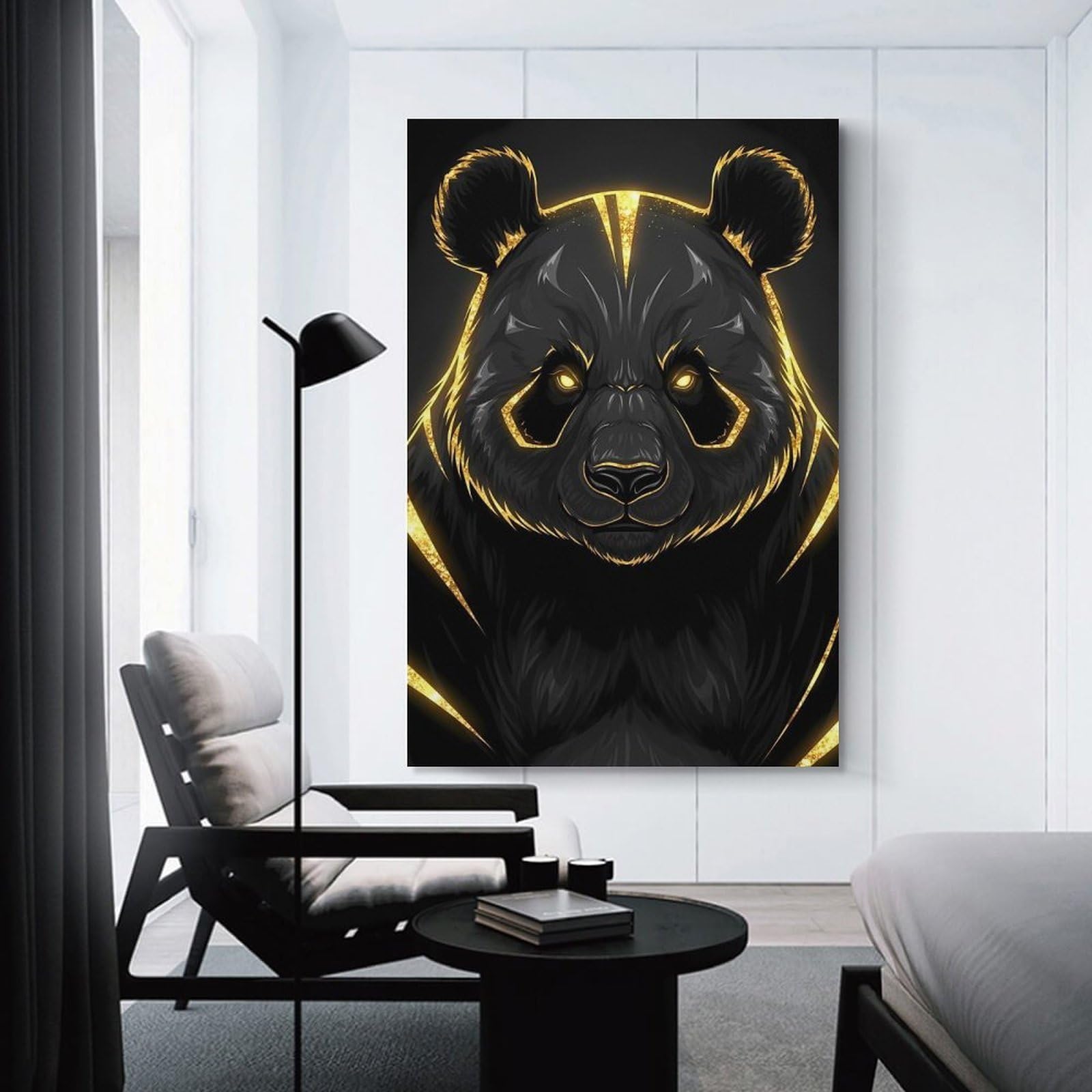 Junmoney Unframe-Style-19 Golden Panda Portrait On Black Background Home Decor Wall Art 12X18inch(30X45cm), For Bedroom, Guest Room Or Reading Nook, Decorative Wall Art For Cosy Rooms