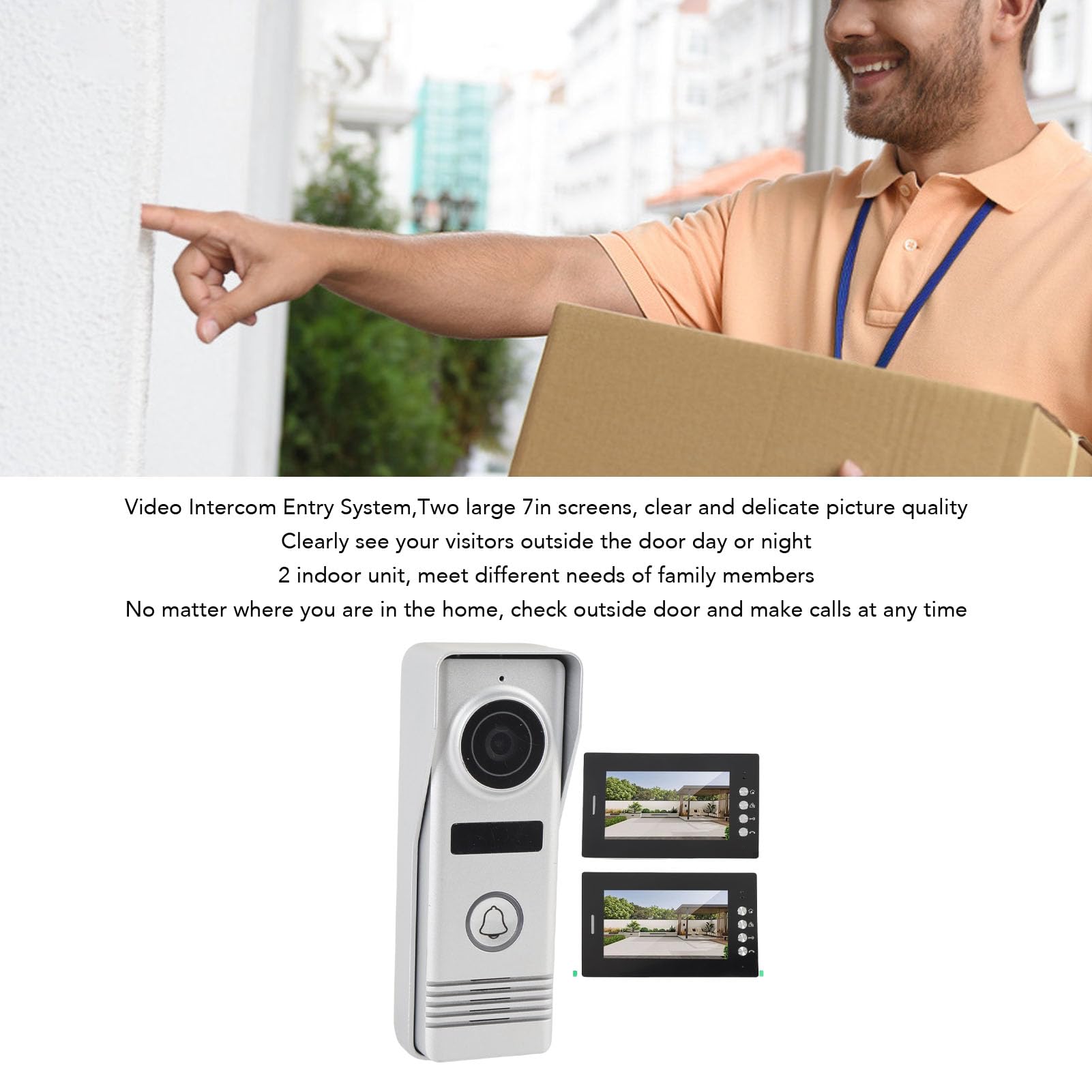 Videocitofono Wireless, Videocitofono Citofono di Sicurezza Domestica, Doppio Schermo HD da 7 Pollici, Doppie unità Interne, Telecamera Grandangolare 120°, Segnale Stabile (Spina europea)