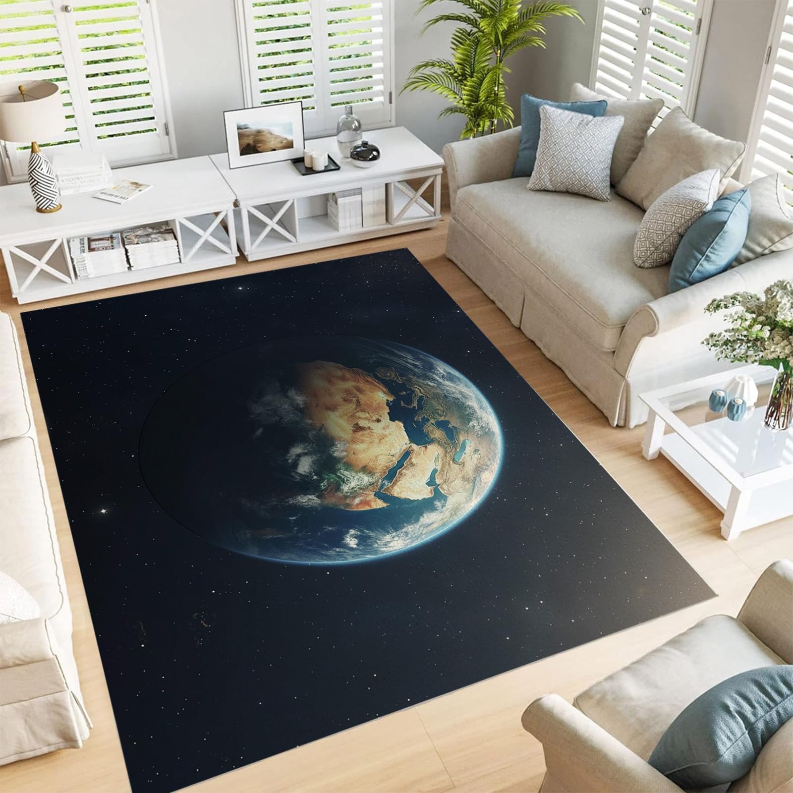 Grand tapis de salon lavable moderne La Terre vue de l'espace pour grande chambre