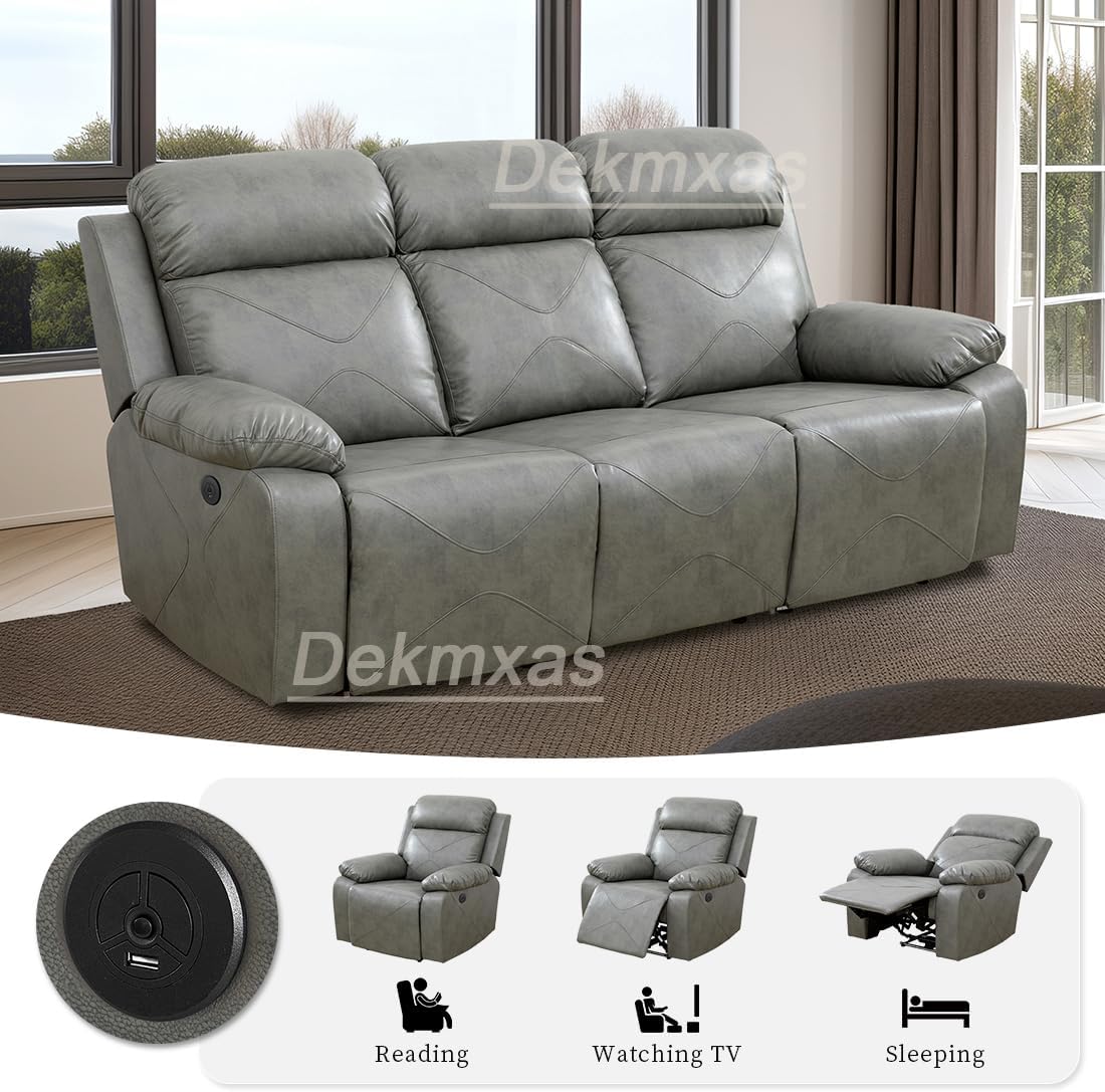 Furniture Set Gray Adjustable Manual Recliner Breathing Leather Couch Living Room Sofa with Cup Holders/LED Light/USB Port for Living Room, Apartment(Grey)