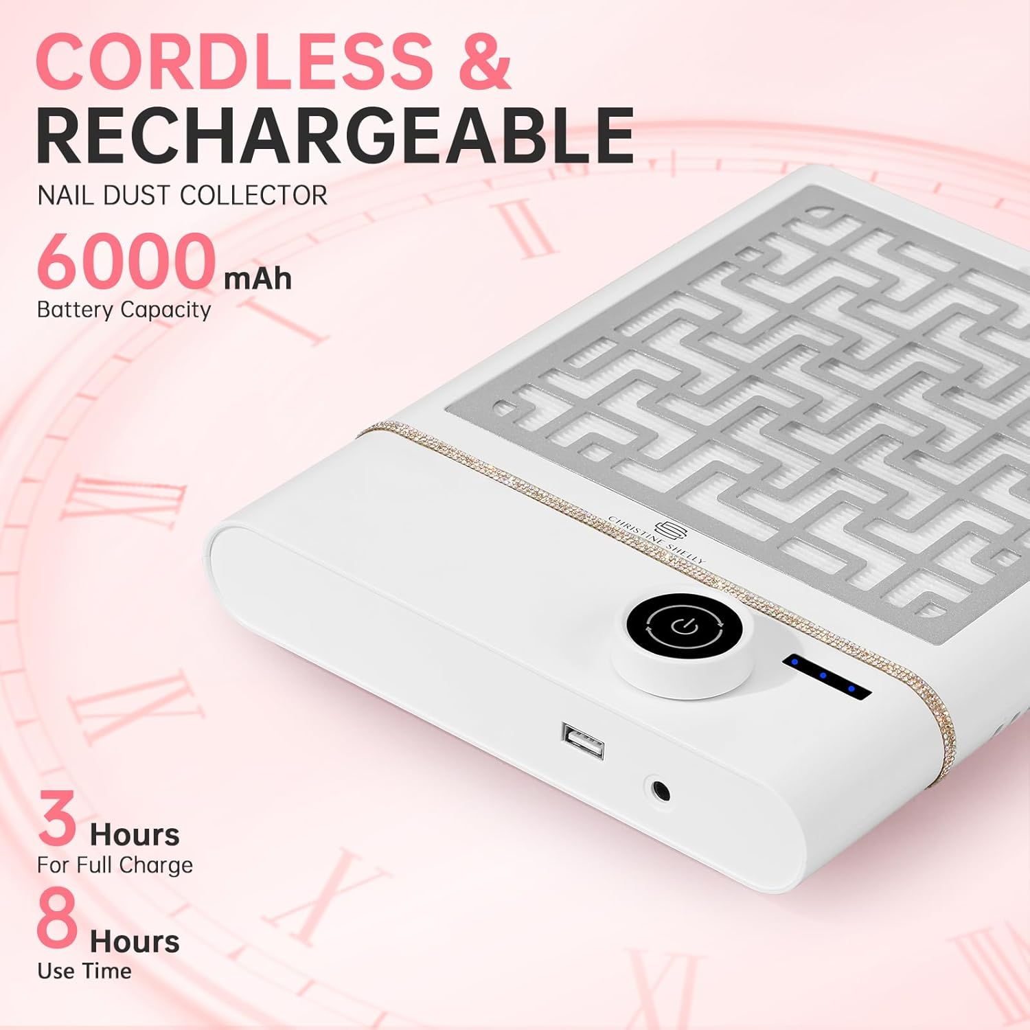 Nail Dust Collector, Bling Diamond Cordless Rechargeable 5000RPM Vacuum Nail Tech Fan Extractor, Professional Nail Duster Suction, Low Noise, Salon&Home