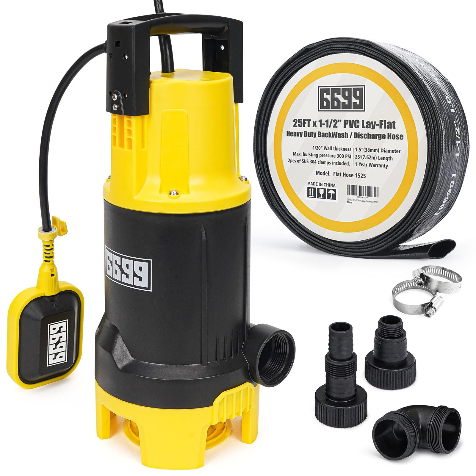 6699 6500GPH Powerful Sump Pump with 1-1/2”Backwash Hose PVC Lay