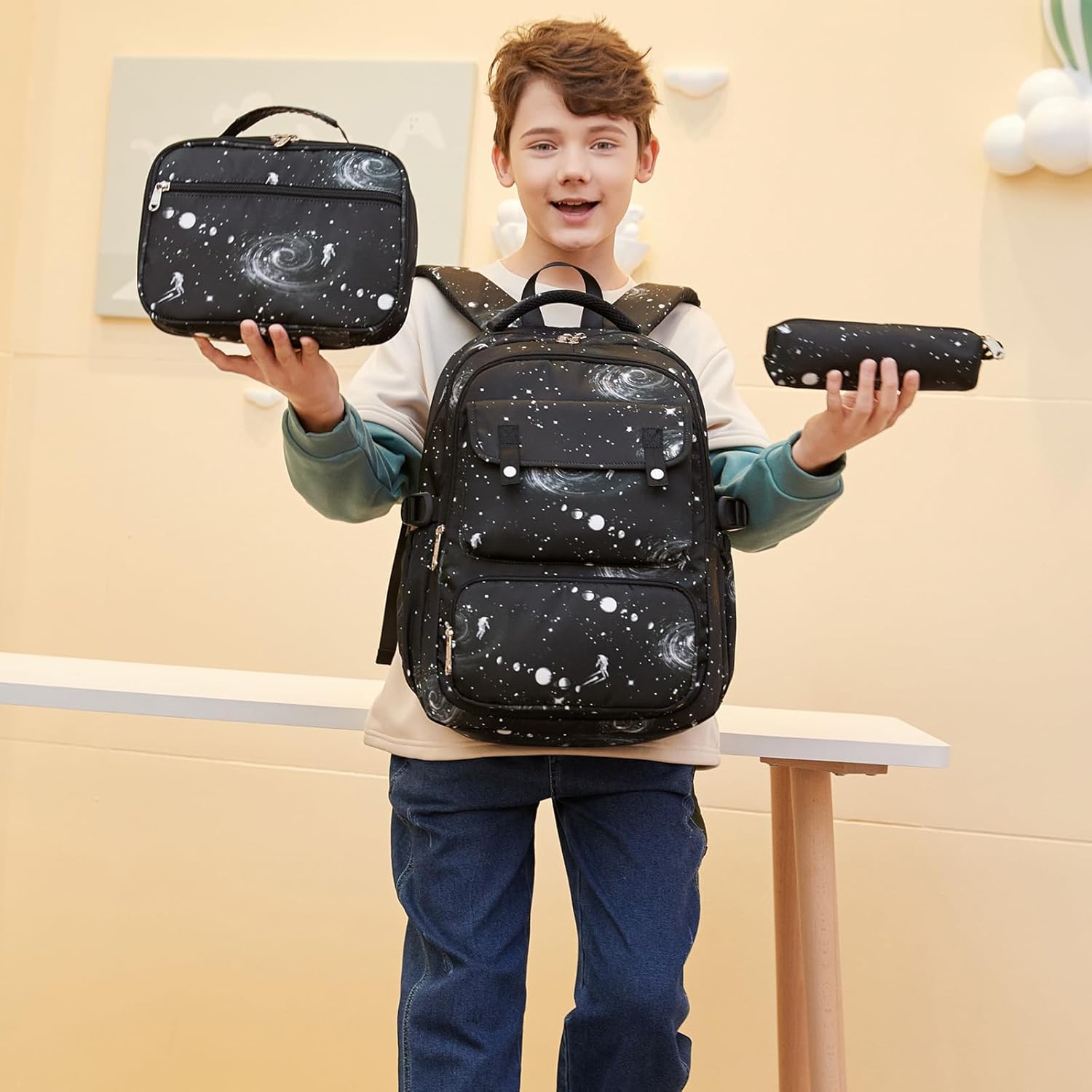 Joyfulife 3Pcs Galaxy Prints Backpacks for Boys Girls Bookbags Set Primary School Bags Elementary Students Kids Backpack with Lunch Box Pencil Case - Image 7