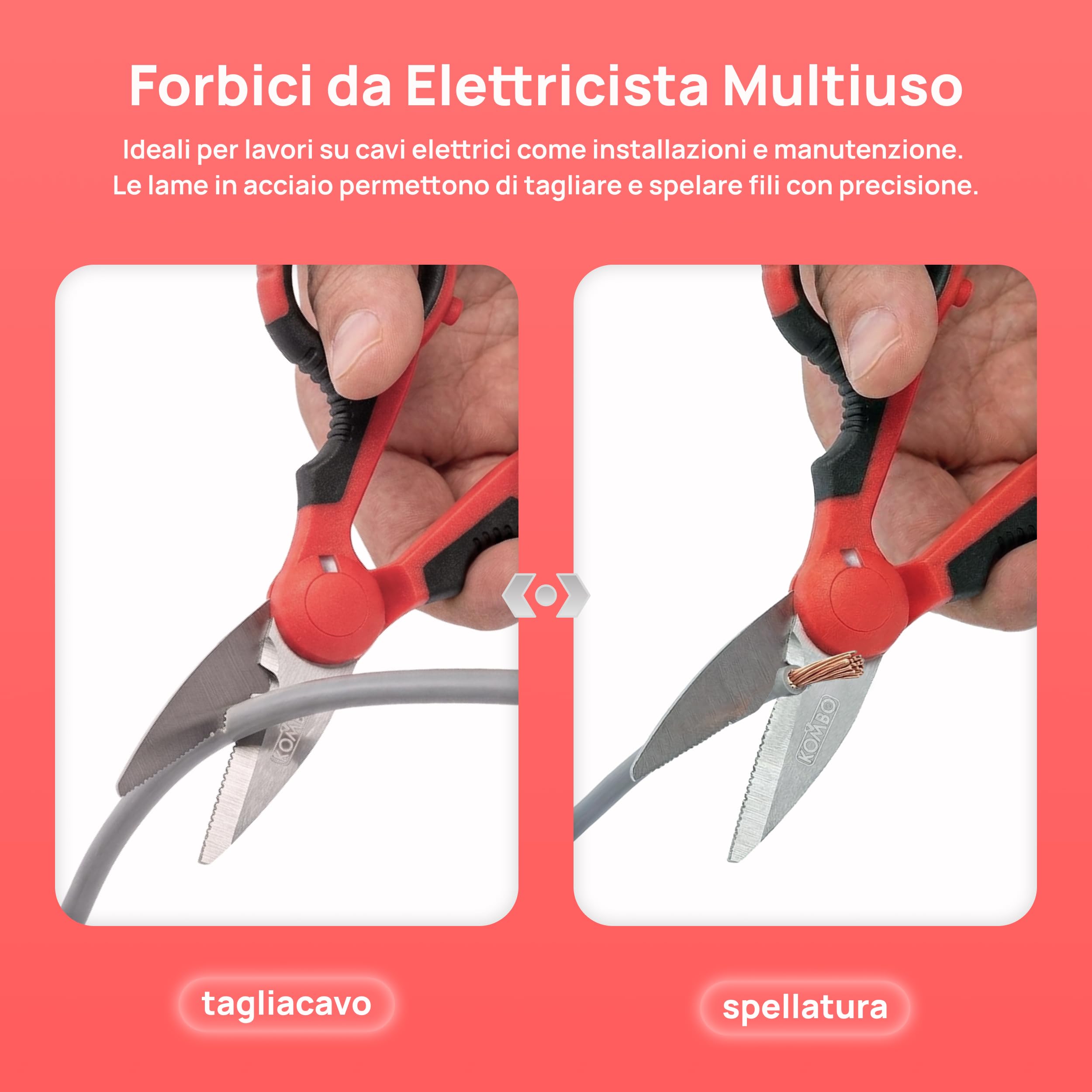 KOMBO - Forbici da Elettricista Professionali per Cavi – Lama 40 mm in Acciaio Inox, Impugnatura Ergonomica Isolante – Lunghezza Totale 150 mm