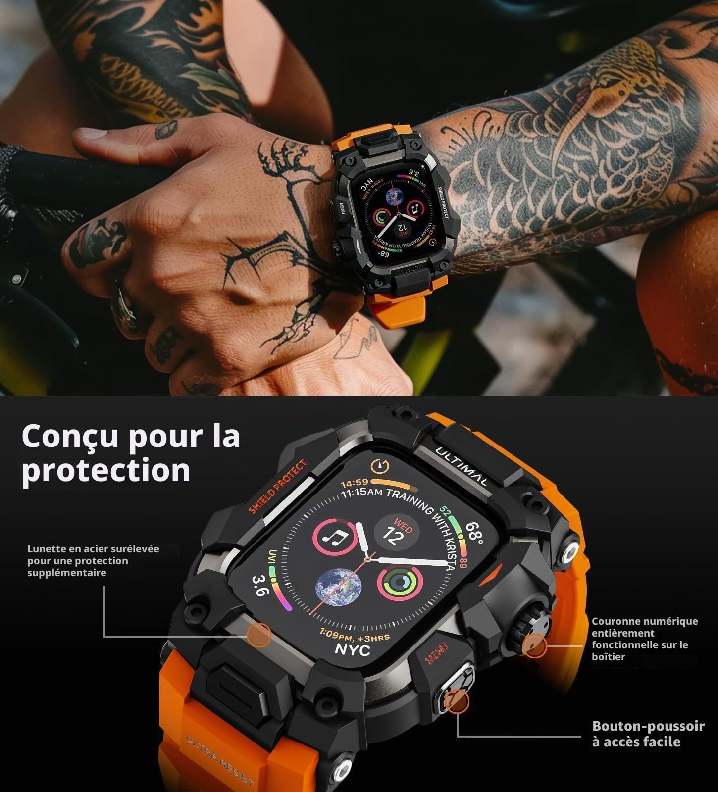 ULTIMAL Sports Bands Compatible with Apple Watch Strap 44mm/45mm, Military Protective Bumper Case, Rugged TPU iWatch Strap, Adjustable Band for Apple Watch Series 9 8 7 6 5 4 SE