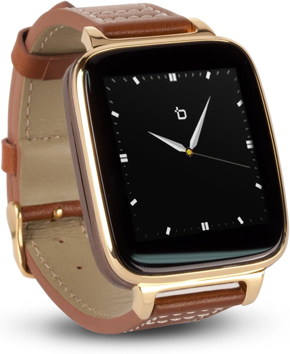 Bean Information Technology Beantech Gold Emerge Smartwatch for iOS and Android with Fitness, Music and Messaging Apps and Camera with Brown Calfskin Leather Strap, Gold with Brown Strap (S1CG)