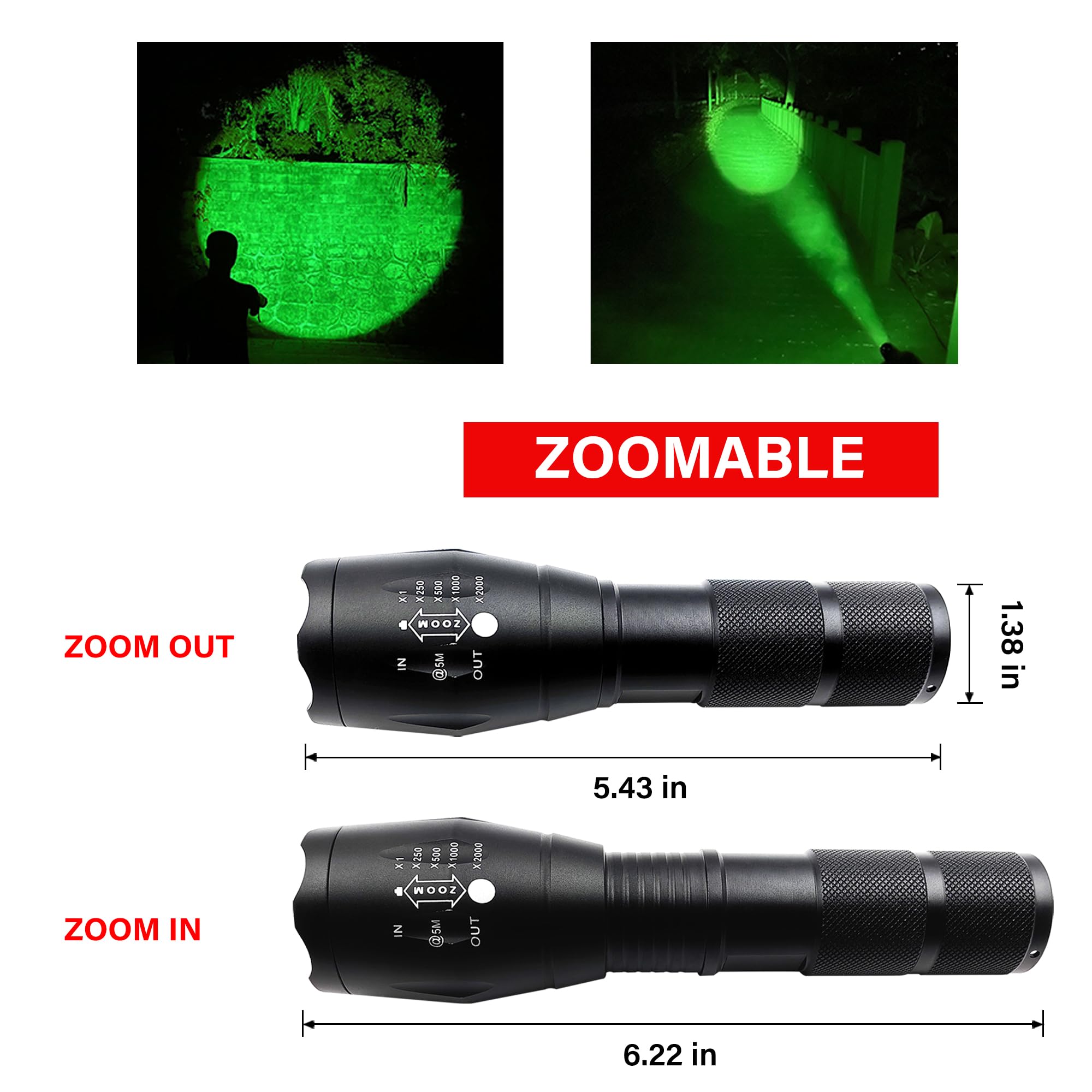 SOUYOS Green LED Flashlight - Zoomable Hunting Light For Coyote, Hog, Night Vision
