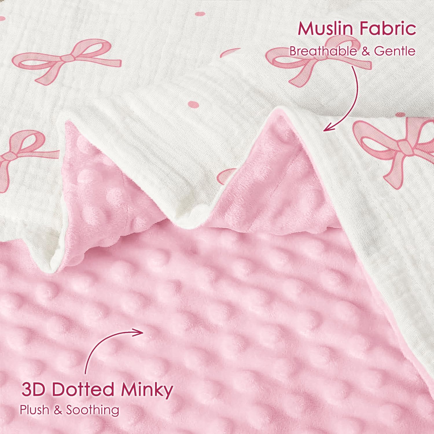 Bow Baby Blankets for Girls, Soft Nursery Minky Blankets with Muslin and Dotted Fleece Back 30x40 inches, Receiving Bed Quilt for Newborn, Infants, Toddlers - Image 2