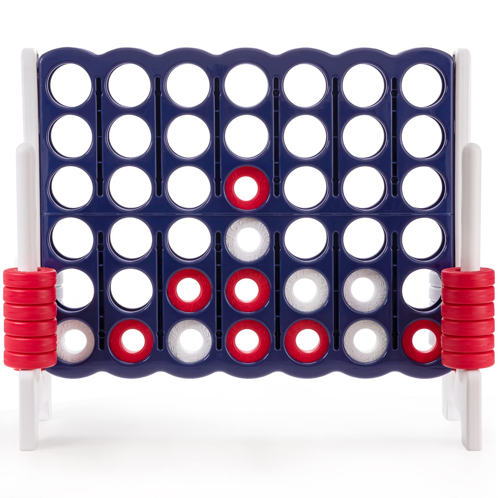 COSTWAY Vier-Gewinnt Spiel, 4 Gewinnt Spielbrettsätze, Vier in Einer Reihe Spiel mit 42 Jumbo Ringen und Schieberegler zum schnellen Neustart für Kinder und Erwachsene (Weiß)