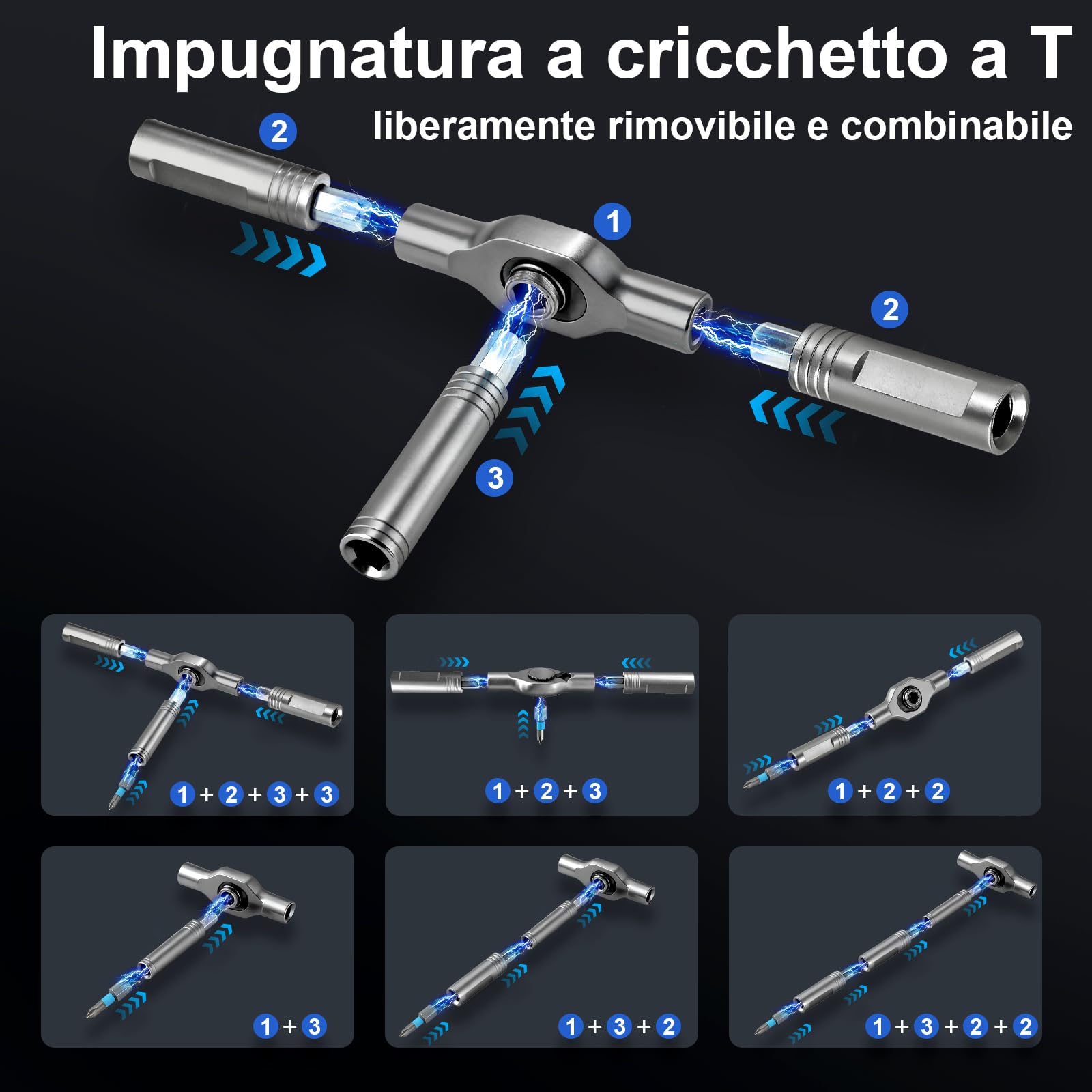 Set cacciavite a cricchetto, 50 in 1 set cacciaviti magnetico, cacciavite S2 con cricchetto a 58 denti, manico a T rimovibile per viti di mobili, strumenti di precisione, strumenti di bicicletta, ecc
