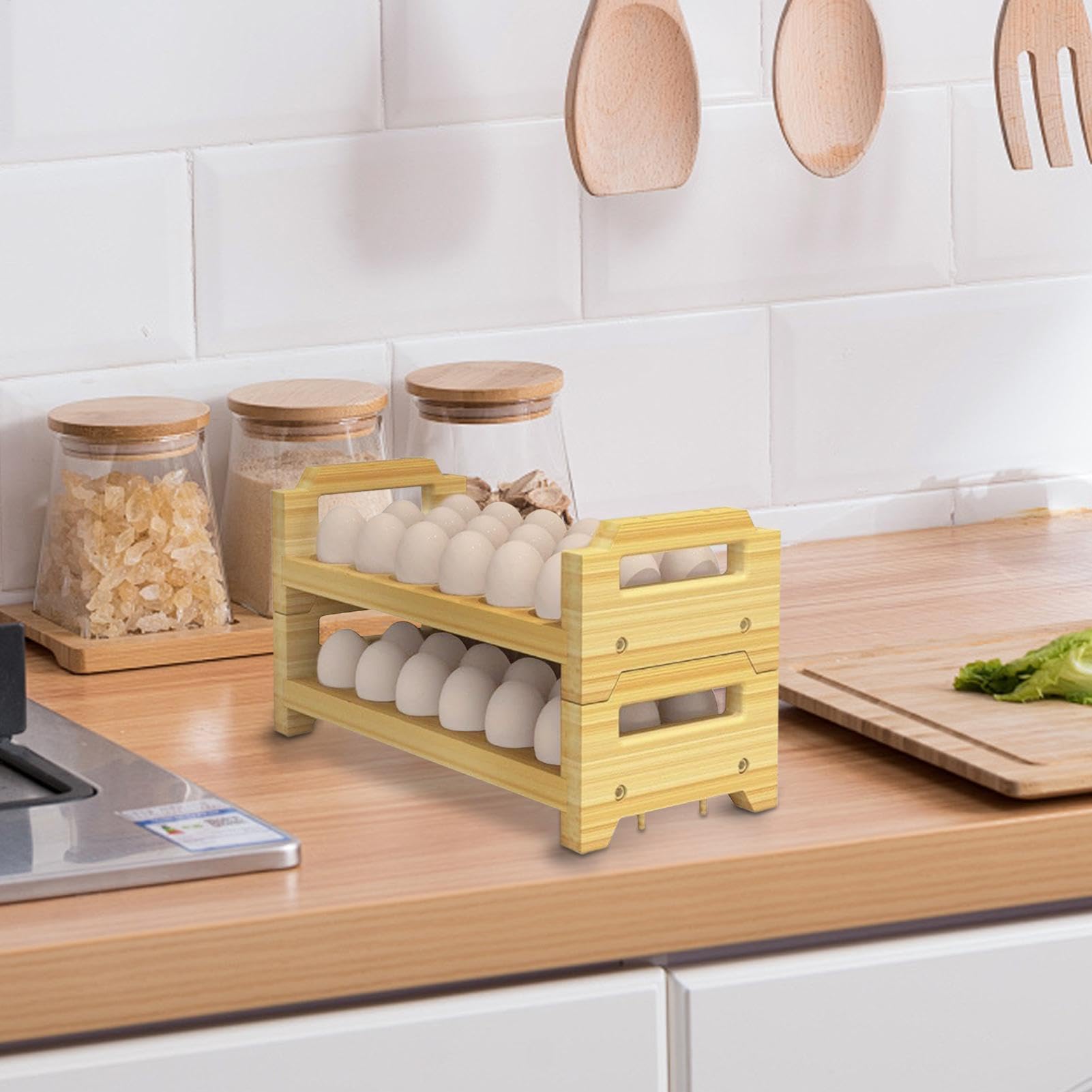 Soporte para huevos de madera, organizador de mostrador de dos niveles | estante de cocina apilable, soporte duradero para granja, ideal para exhibir huevos de gallina y pato en la encimera y la