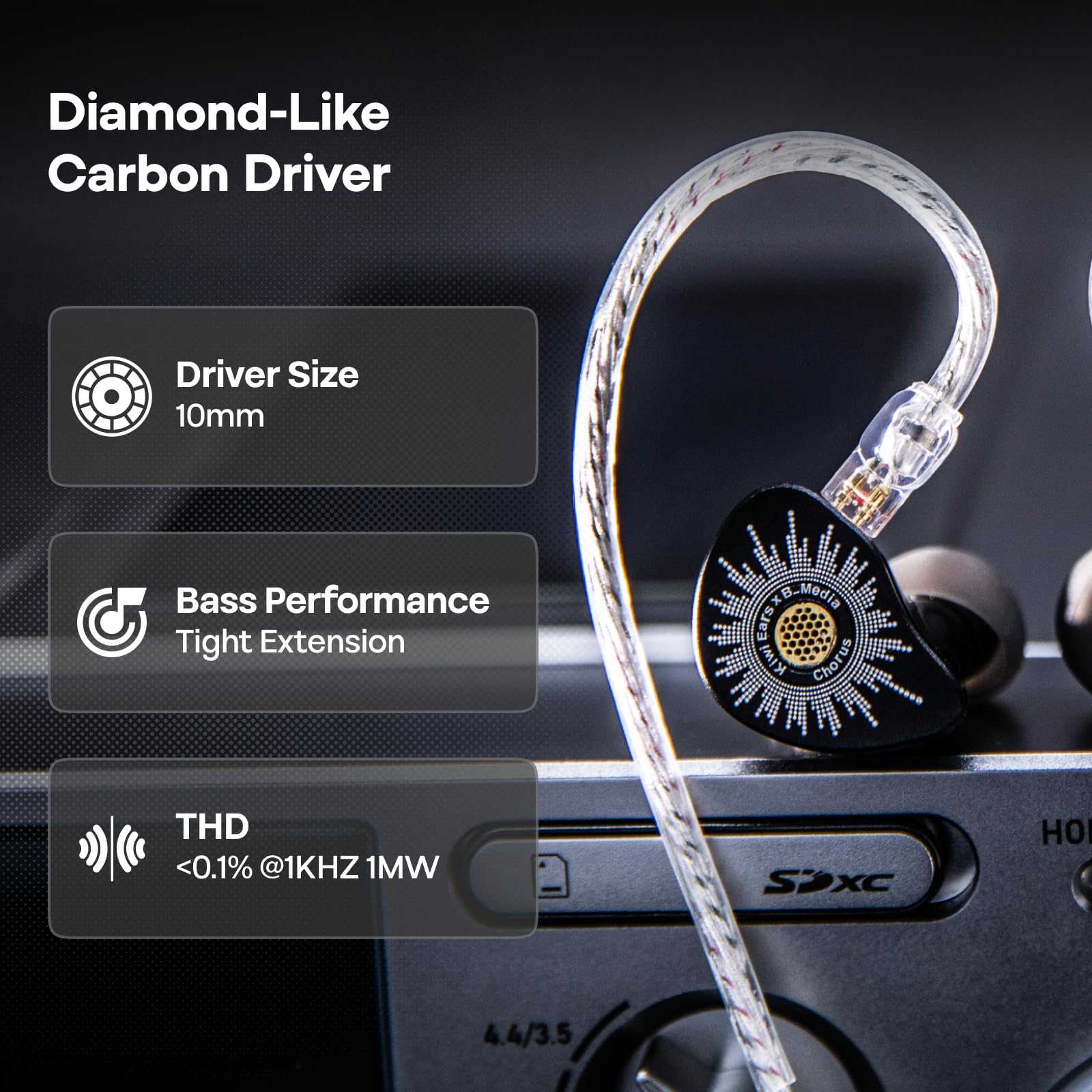 Linsoul Kiwi Ears x B_Media: Chorus In-Ear Monitor, Controlador Dinámico con Diafragma DLC, Auriculares Cableados con Placa Frontal de Metal CNC, Cable Doble Chapado en Plata (Negro, 3,5 mm sin Mic)